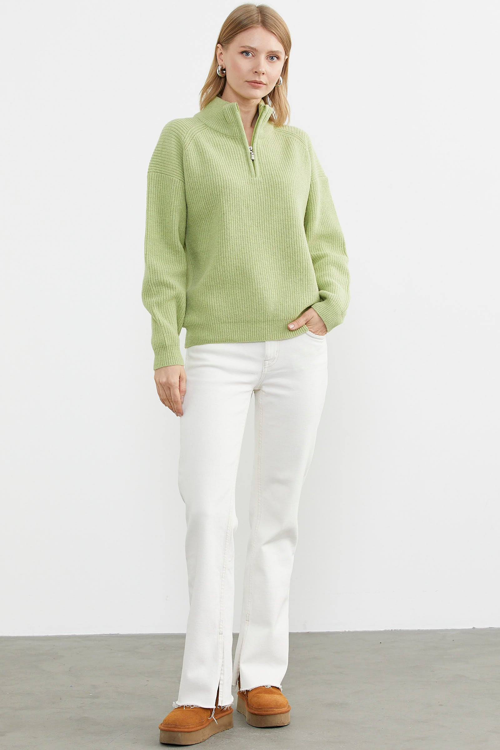 Yarım Balıkçı Yaka Fermuarlı Triko Kazak - Yeşil (1) Sementa