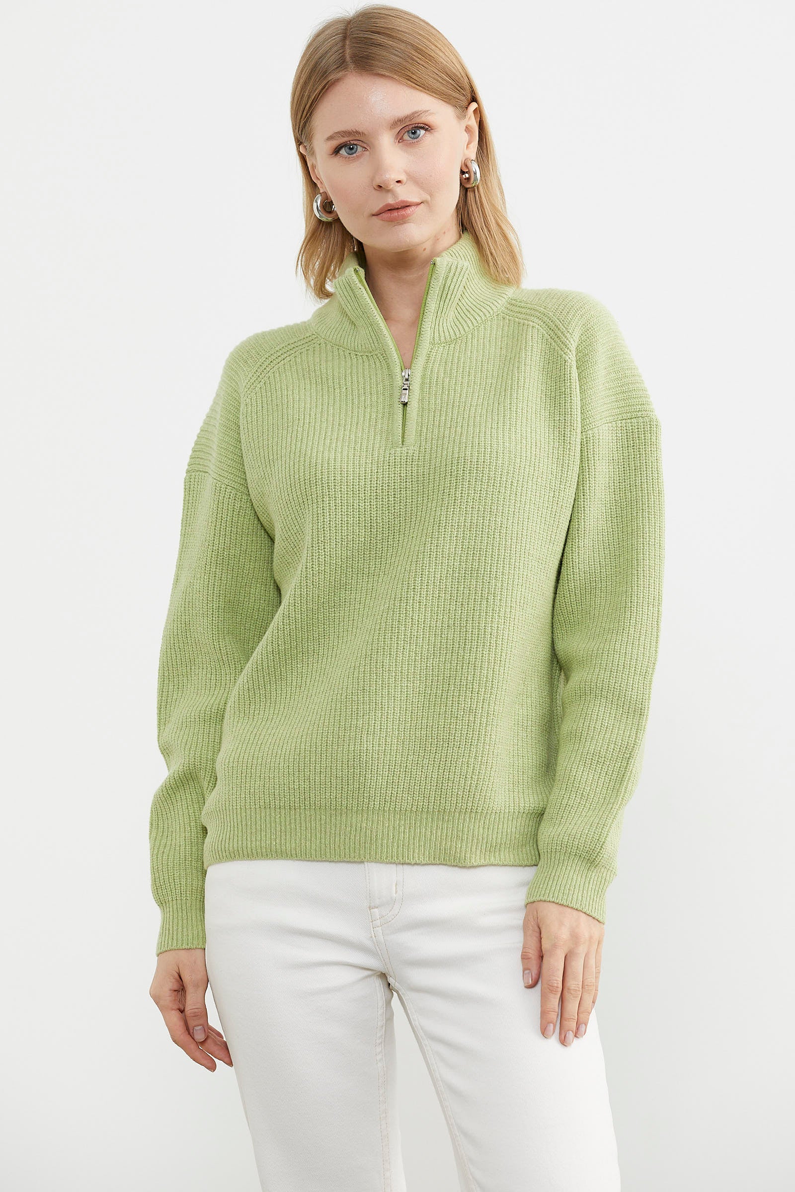 Yarım Balıkçı Yaka Fermuarlı Triko Kazak - Yeşil (2) Sementa