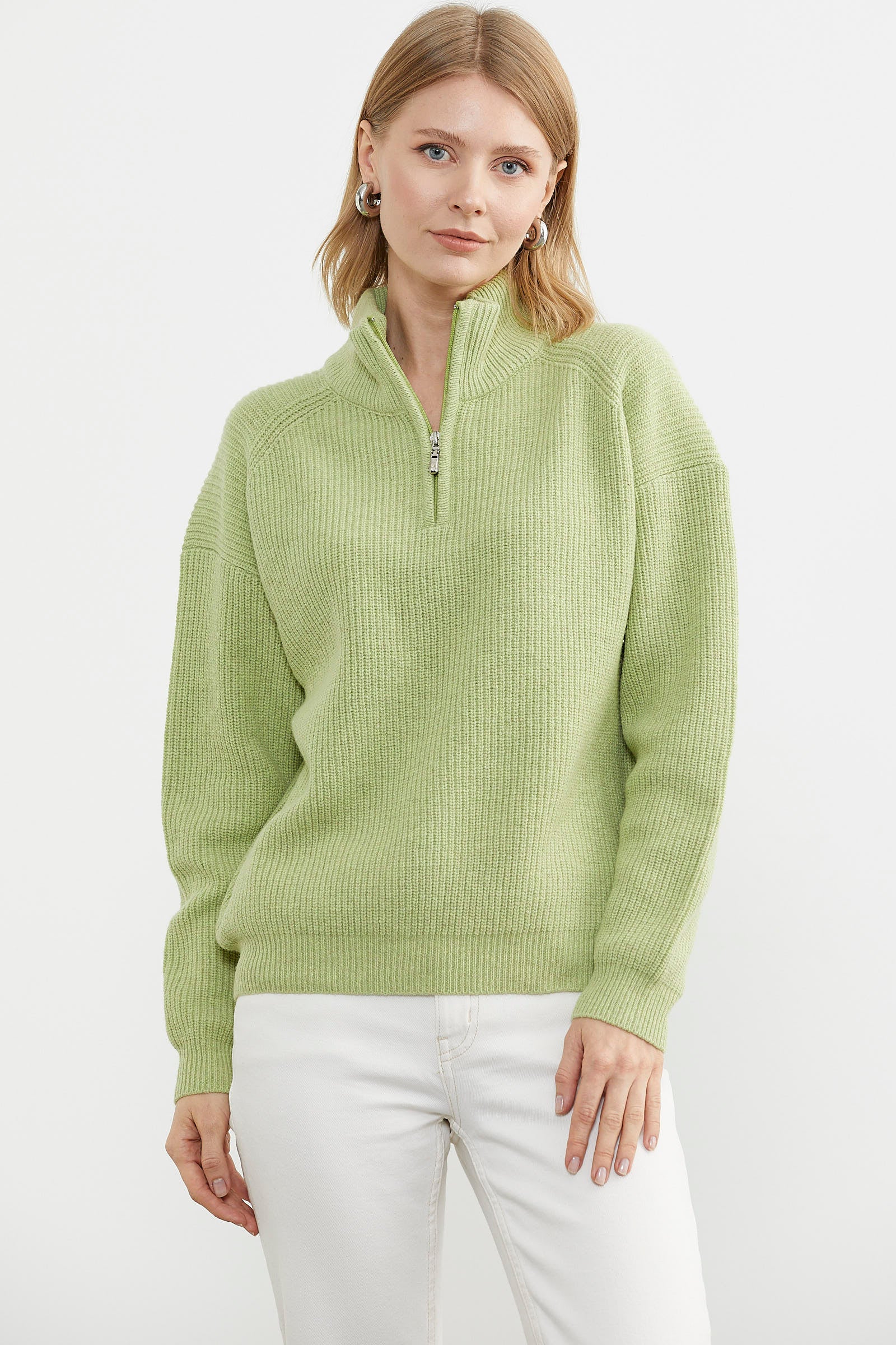 Yarım Balıkçı Yaka Fermuarlı Triko Kazak - Yeşil (3) Sementa