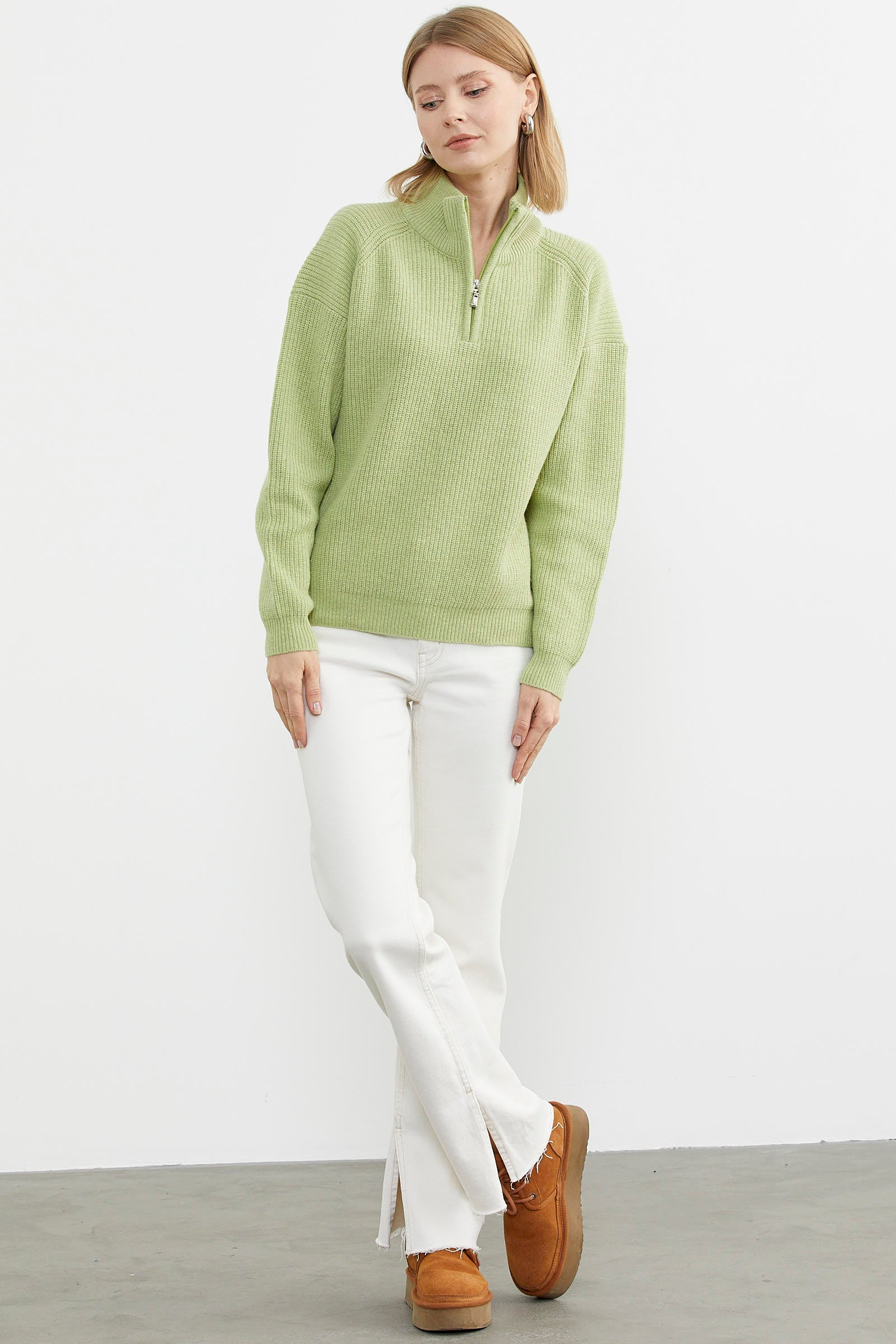 Yarım Balıkçı Yaka Fermuarlı Triko Kazak - Yeşil (4) Sementa