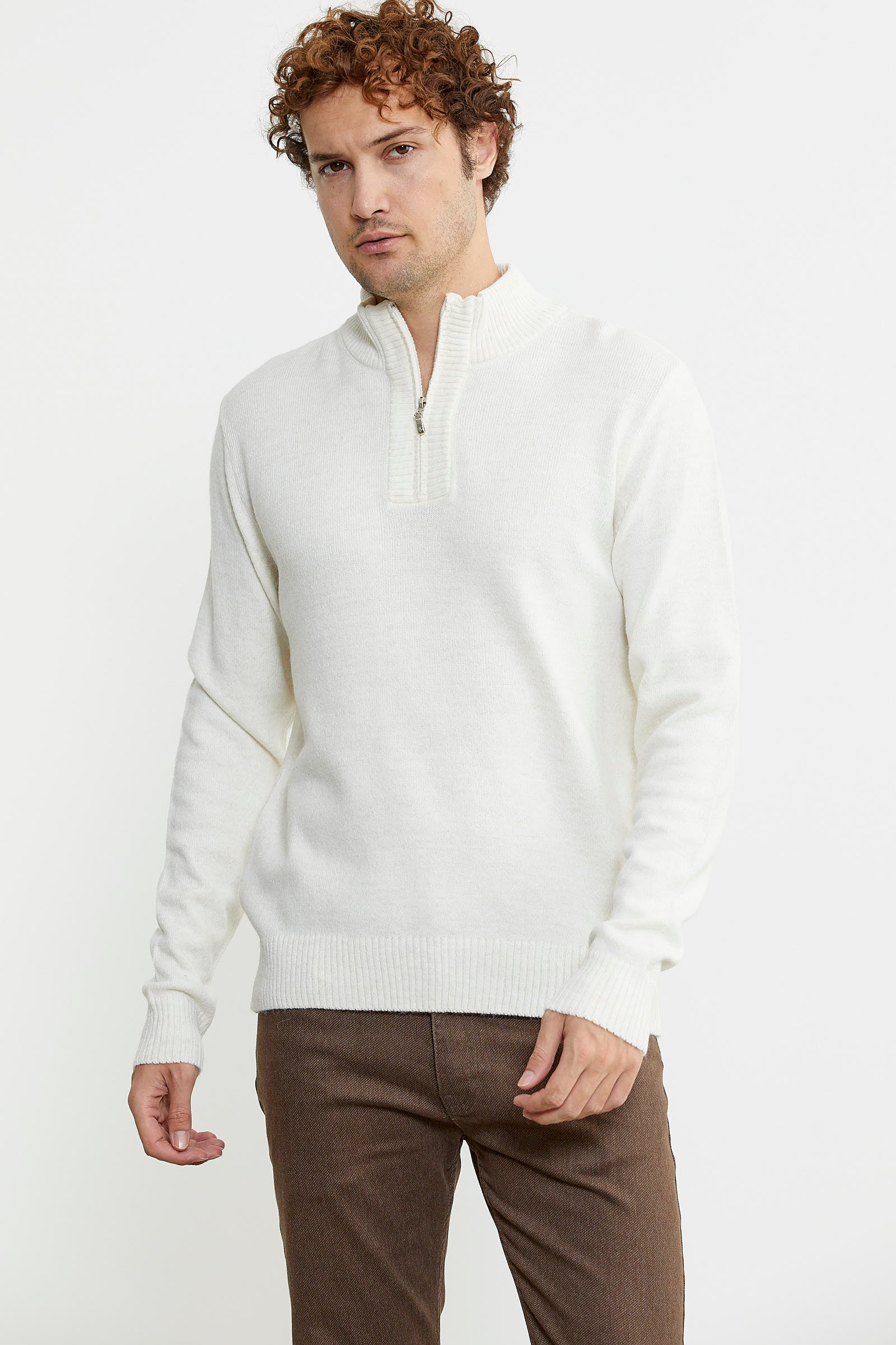 Yarım Fermuarlı Dik Yaka Triko Kazak - Kemik - Sementa