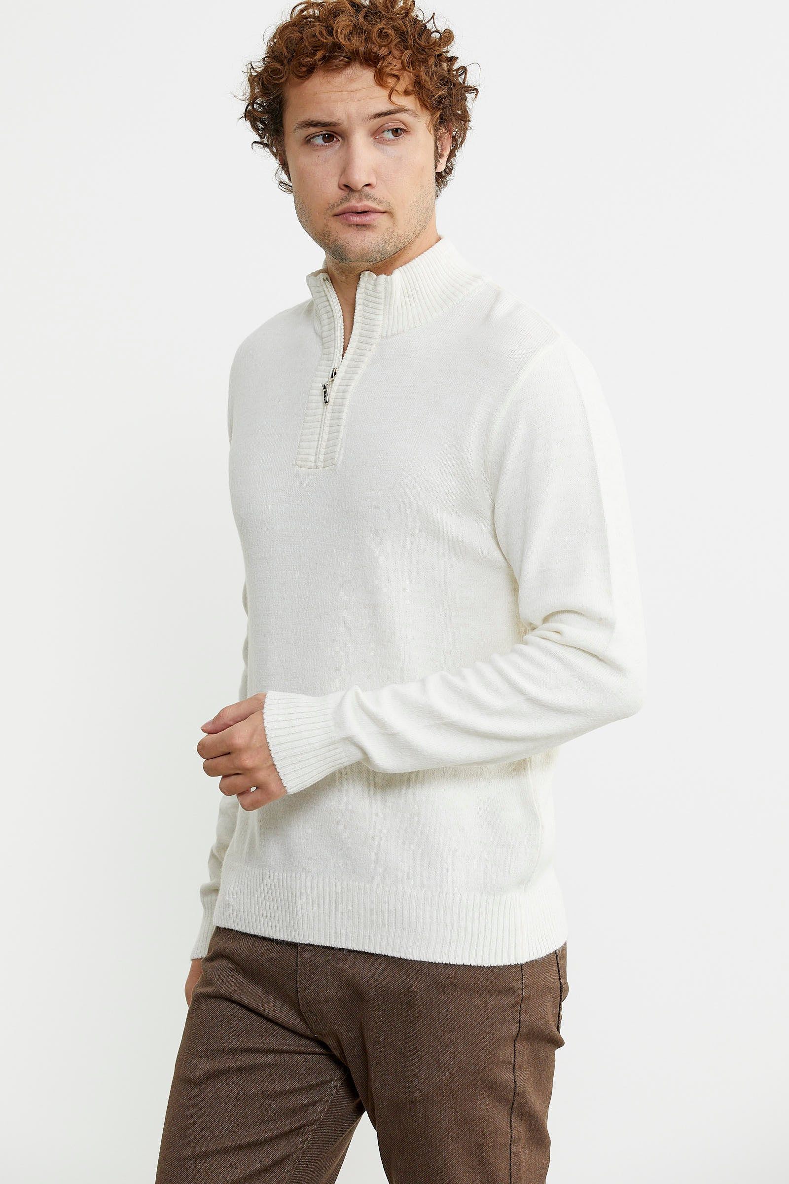 Yarım Fermuarlı Dik Yaka Triko Kazak - Kemik - Sementa