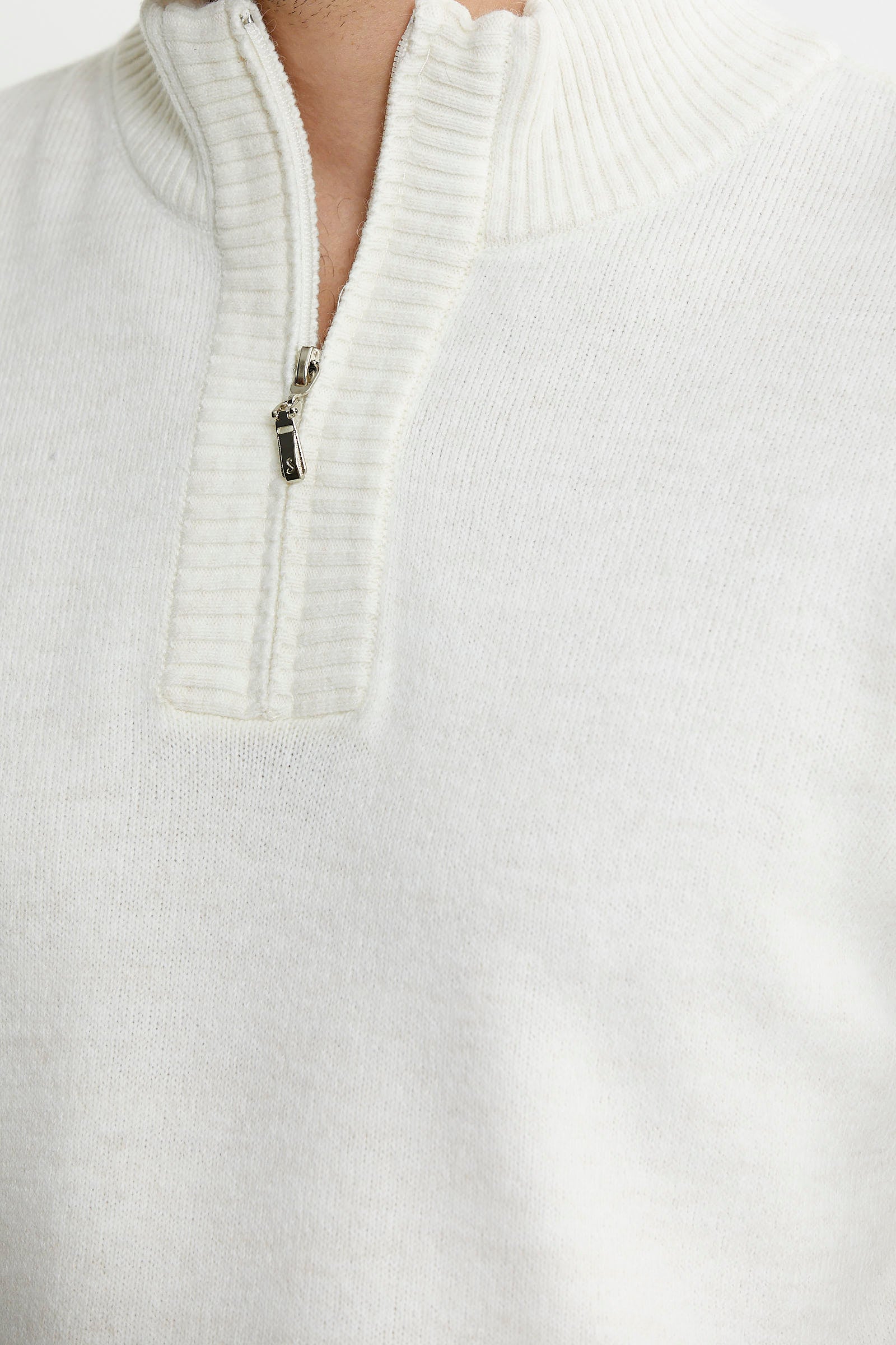 Yarım Fermuarlı Dik Yaka Triko Kazak - Kemik - Sementa