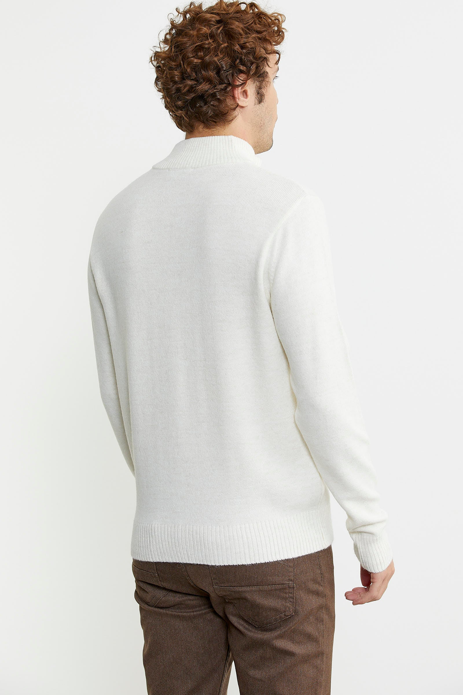 Yarım Fermuarlı Dik Yaka Triko Kazak - Kemik - Sementa