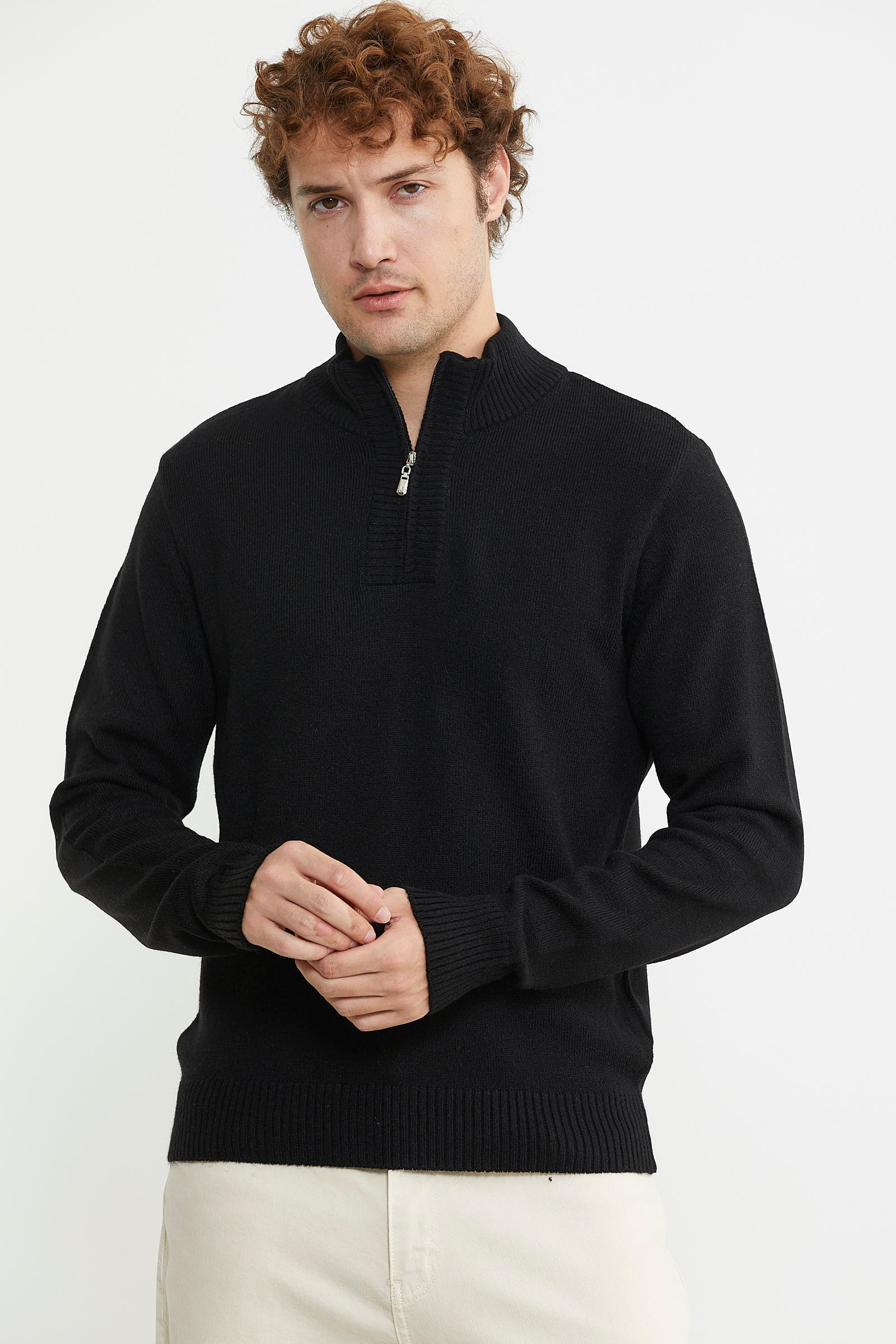 Yarım Fermuarlı Dik Yaka Triko Kazak - Siyah - Sementa