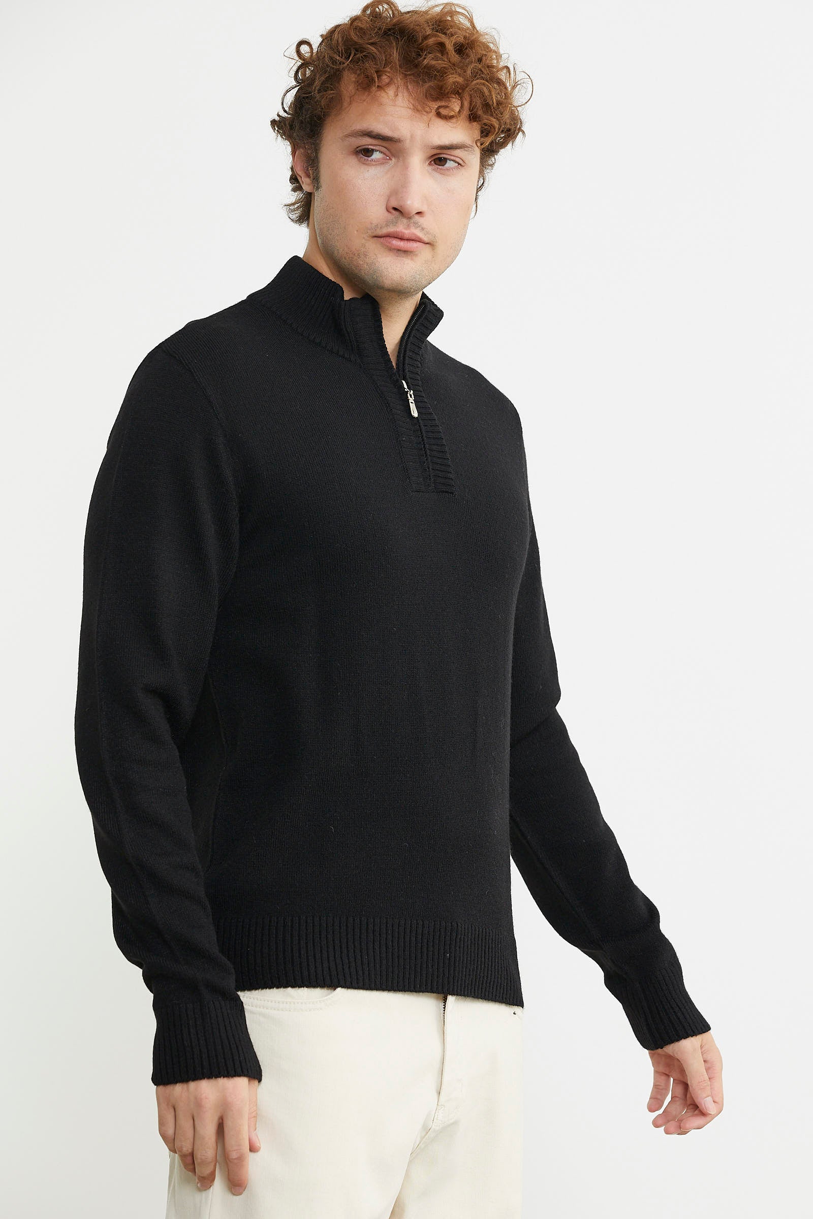 Yarım Fermuarlı Dik Yaka Triko Kazak - Siyah - Sementa