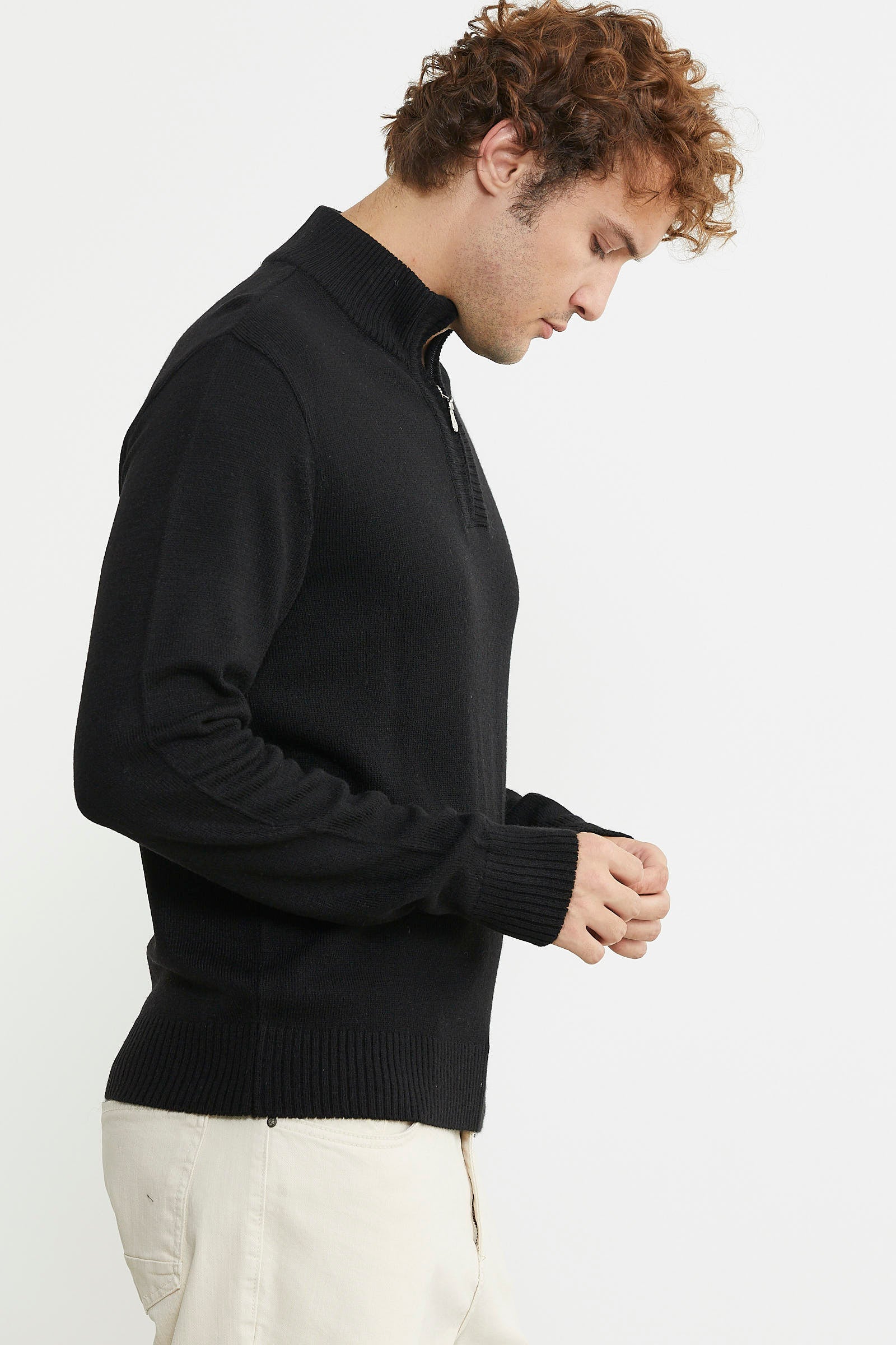 Yarım Fermuarlı Dik Yaka Triko Kazak - Siyah - Sementa