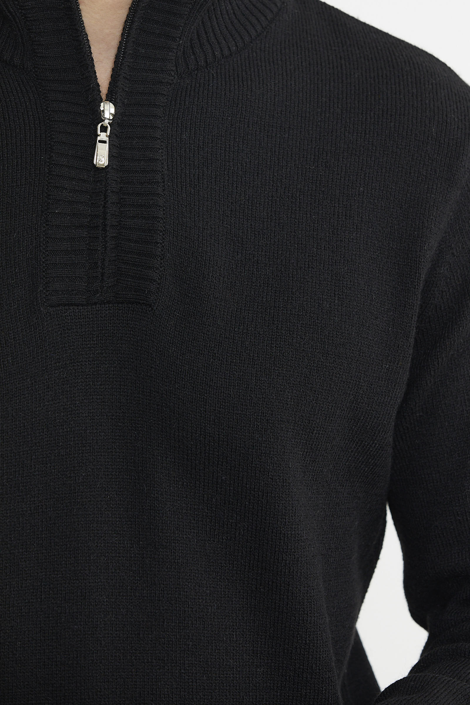 Yarım Fermuarlı Dik Yaka Triko Kazak - Siyah - Sementa
