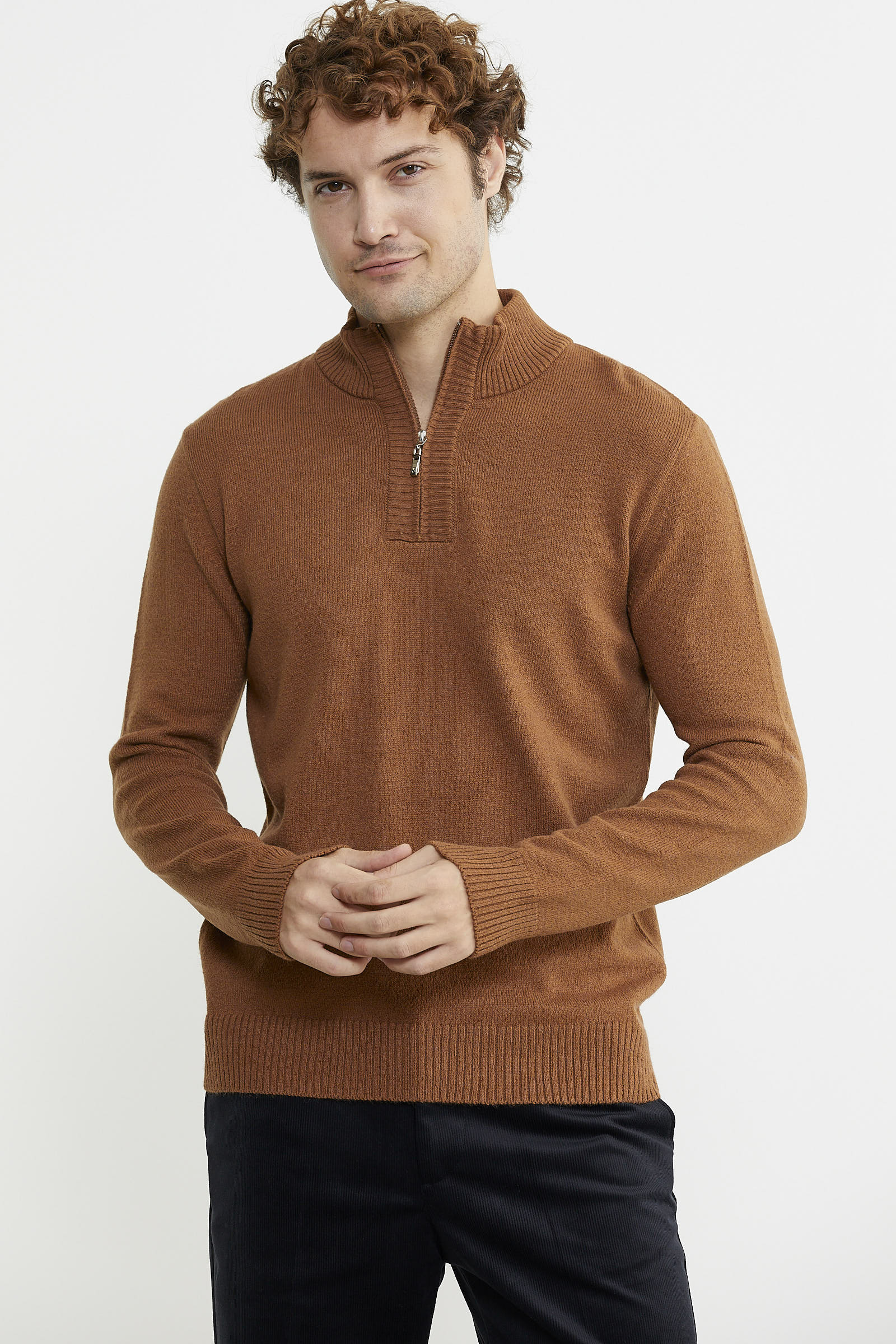 Yarım Fermuarlı Dik Yaka Triko Kazak - Taba - Sementa