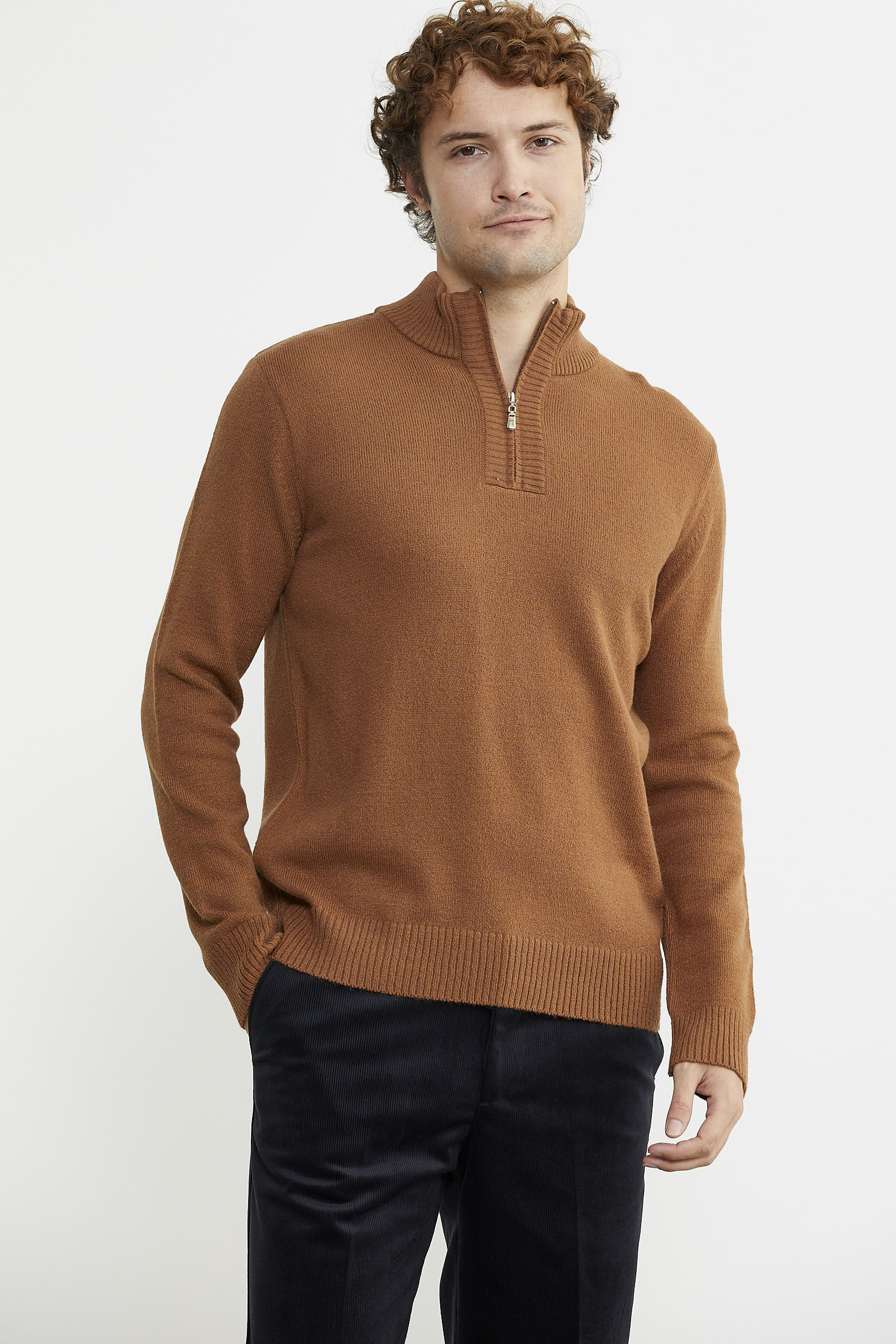 Yarım Fermuarlı Dik Yaka Triko Kazak - Taba - Sementa