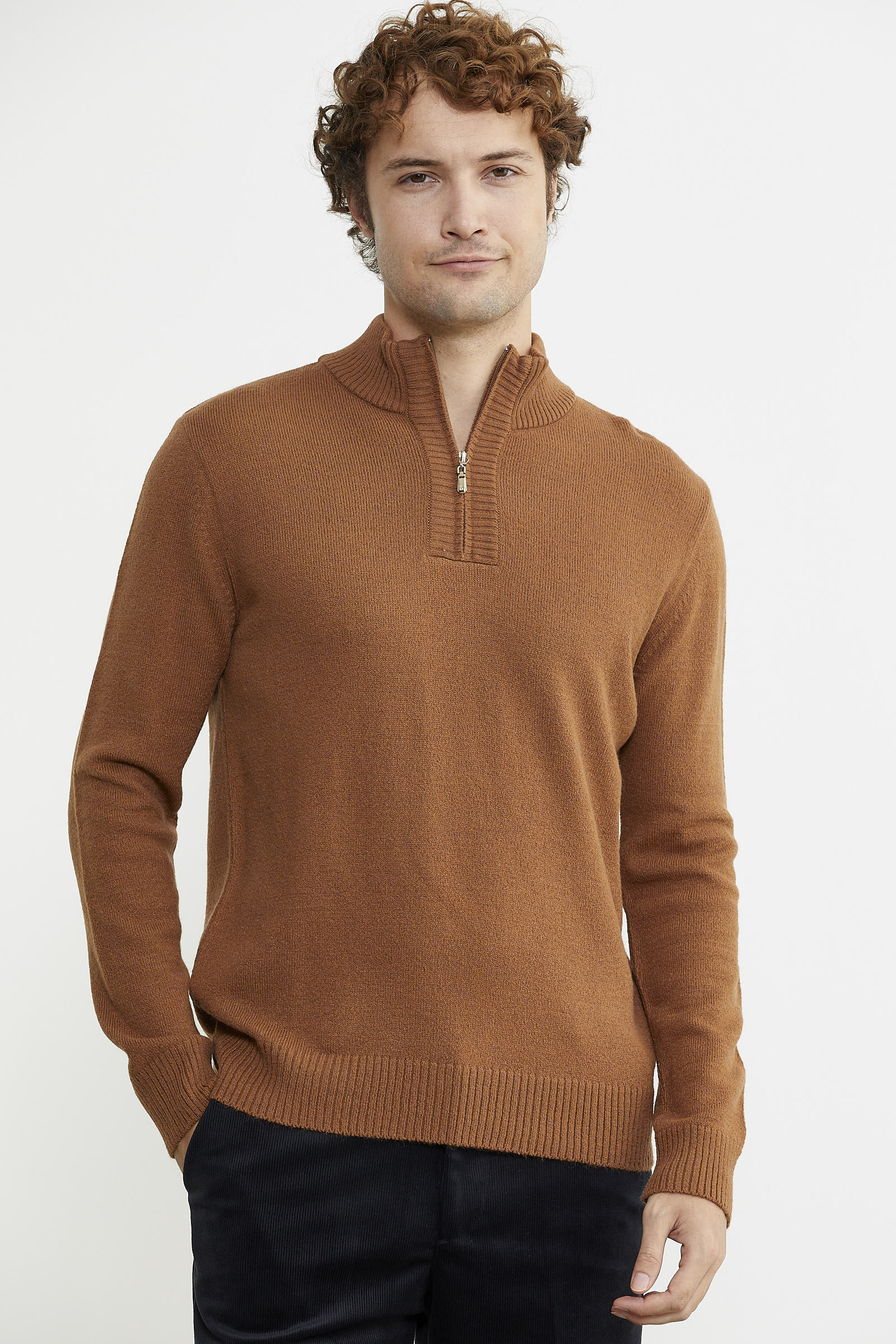 Yarım Fermuarlı Dik Yaka Triko Kazak - Taba - Sementa