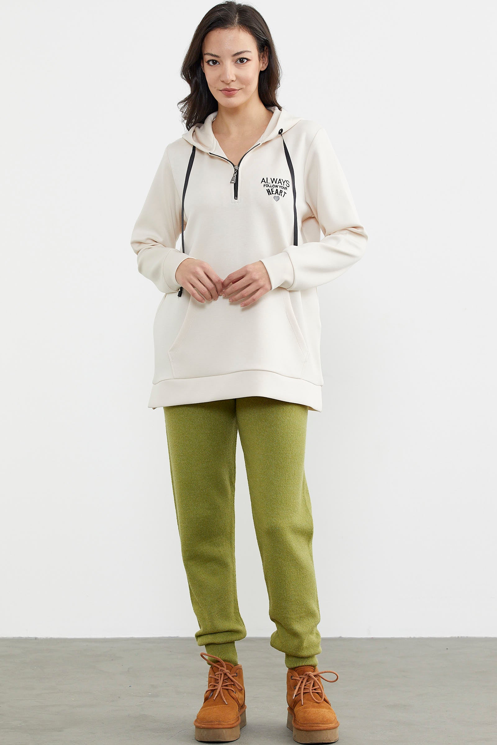 Yarım Fermuarlı Kapüşonlu Sweatshirt - Bej (2) Sementa