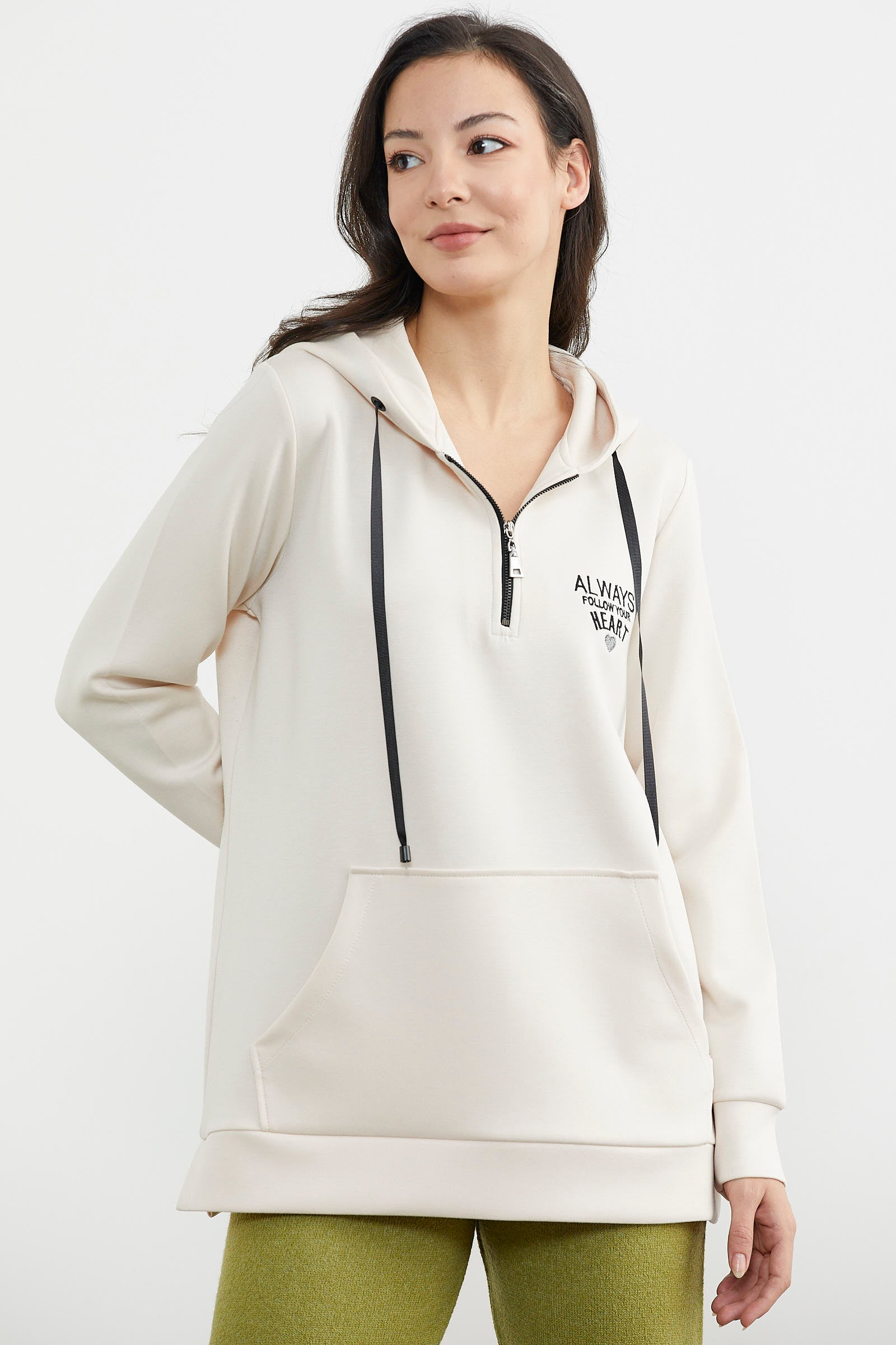 Yarım Fermuarlı Kapüşonlu Sweatshirt - Bej (3) Sementa