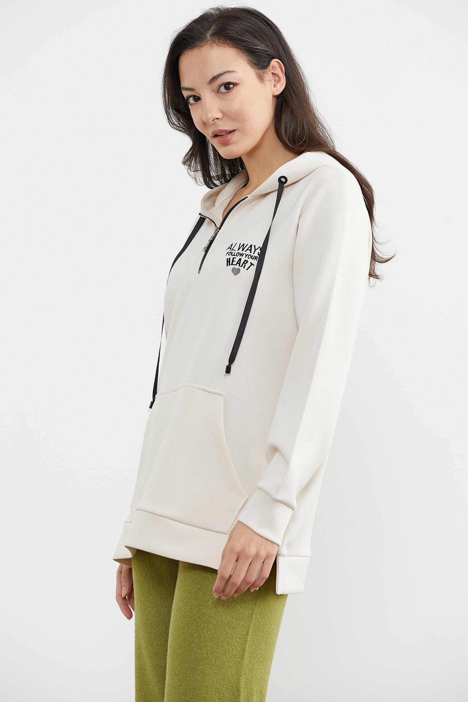 Yarım Fermuarlı Kapüşonlu Sweatshirt - Bej (4) Sementa