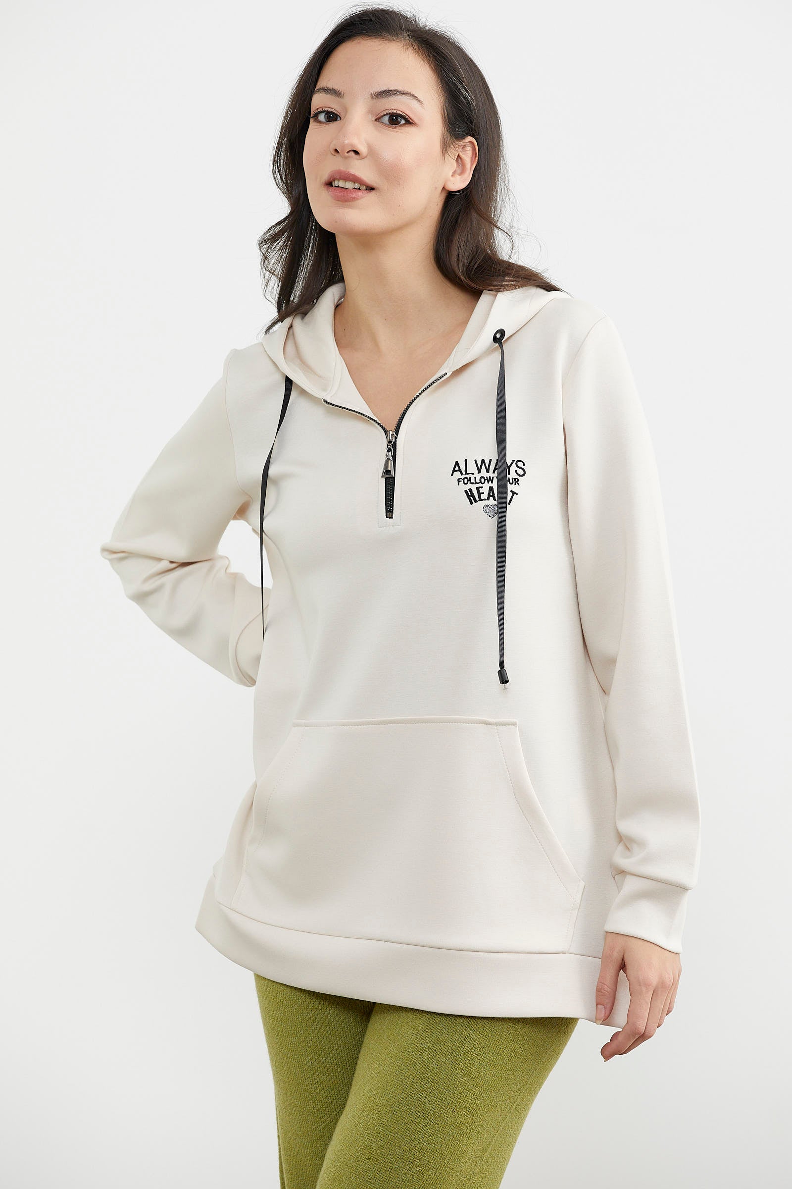 Yarım Fermuarlı Kapüşonlu Sweatshirt - Bej (5) Sementa