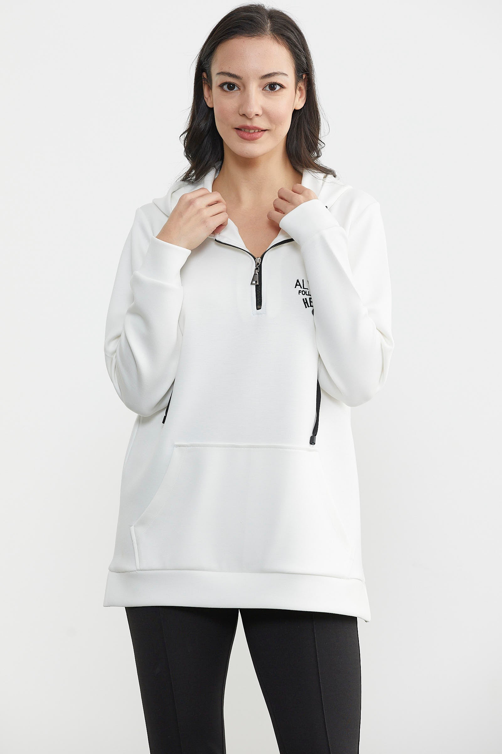 Yarım Fermuarlı Kapüşonlu Sweatshirt - Ekru (2) Sementa