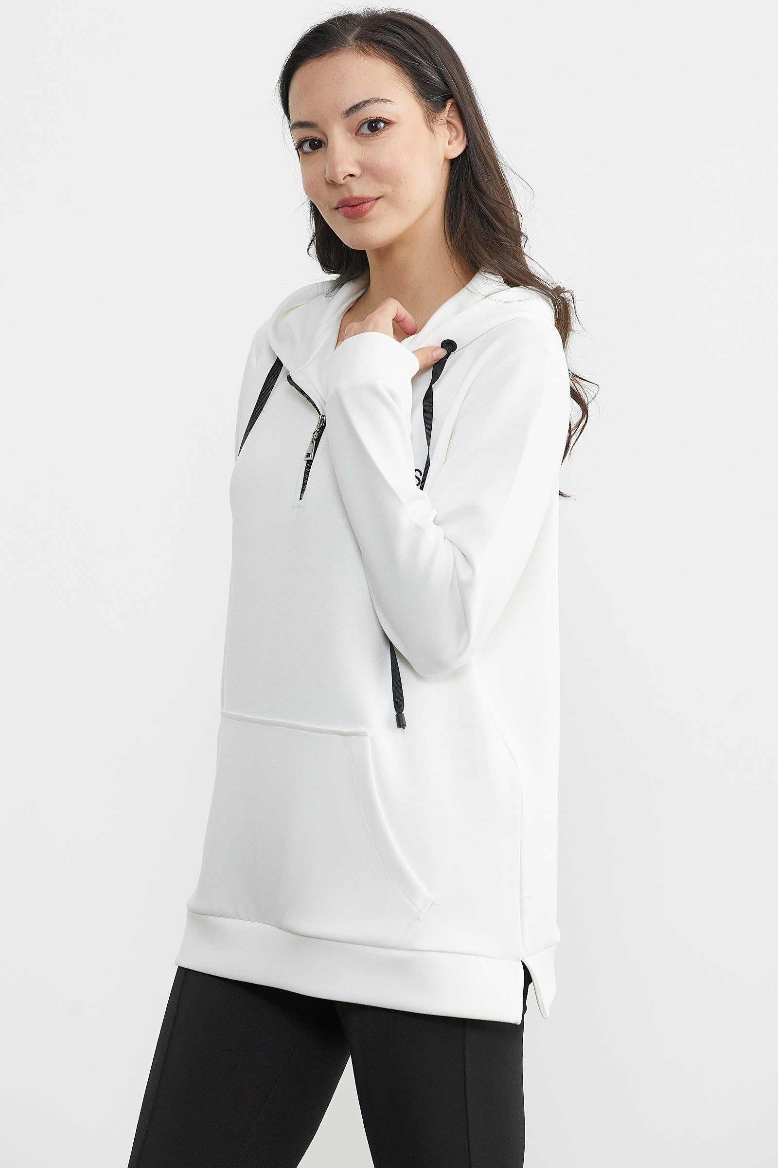 Yarım Fermuarlı Kapüşonlu Sweatshirt - Ekru (3) Sementa