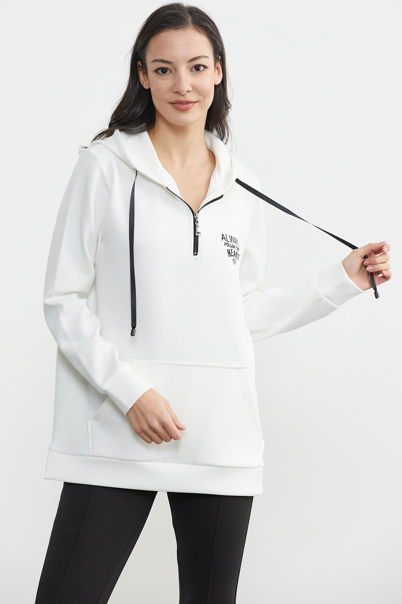 Yarım Fermuarlı Kapüşonlu Sweatshirt - Ekru (4) Sementa