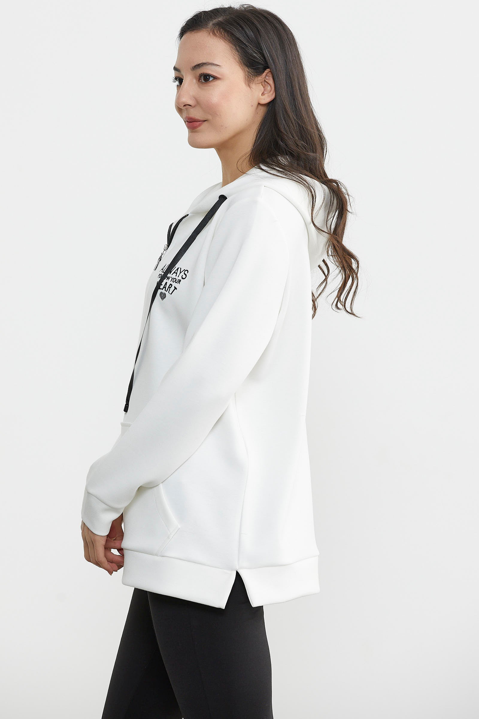 Yarım Fermuarlı Kapüşonlu Sweatshirt - Ekru (6) Sementa