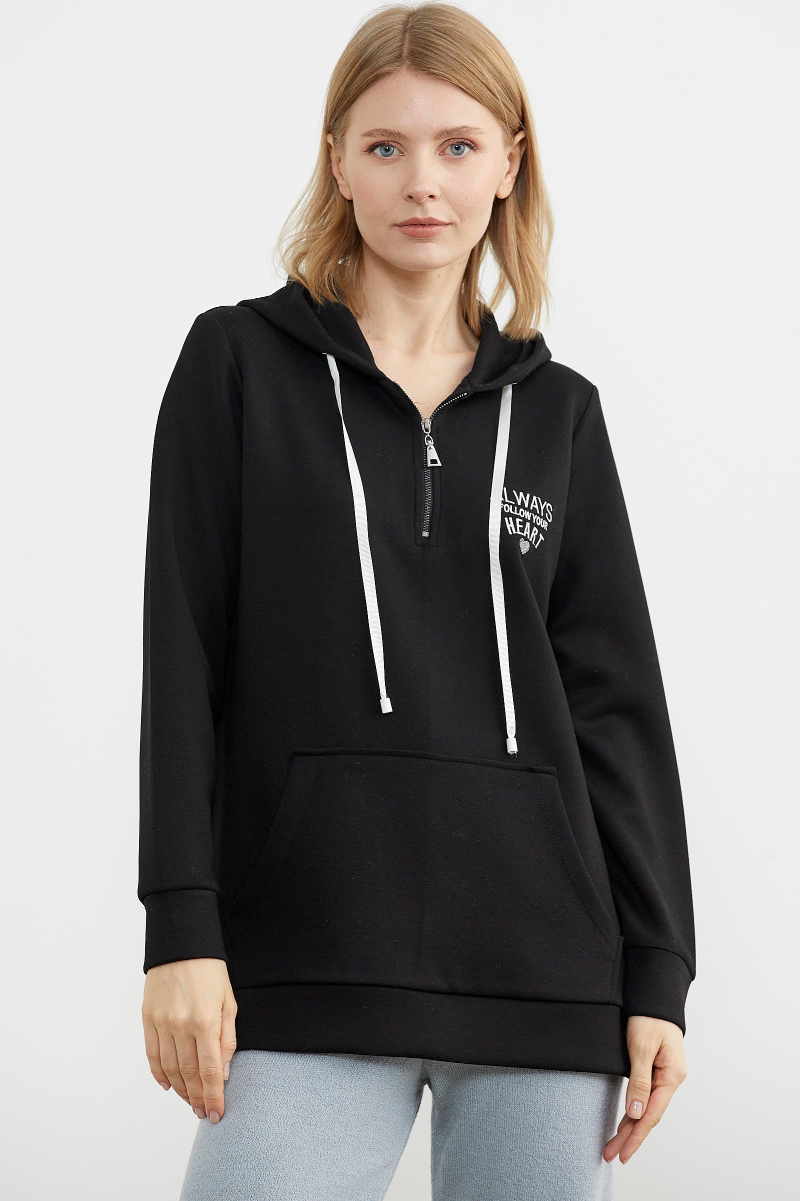 Yarım Fermuarlı Kapüşonlu Sweatshirt - Siyah (3) Sementa