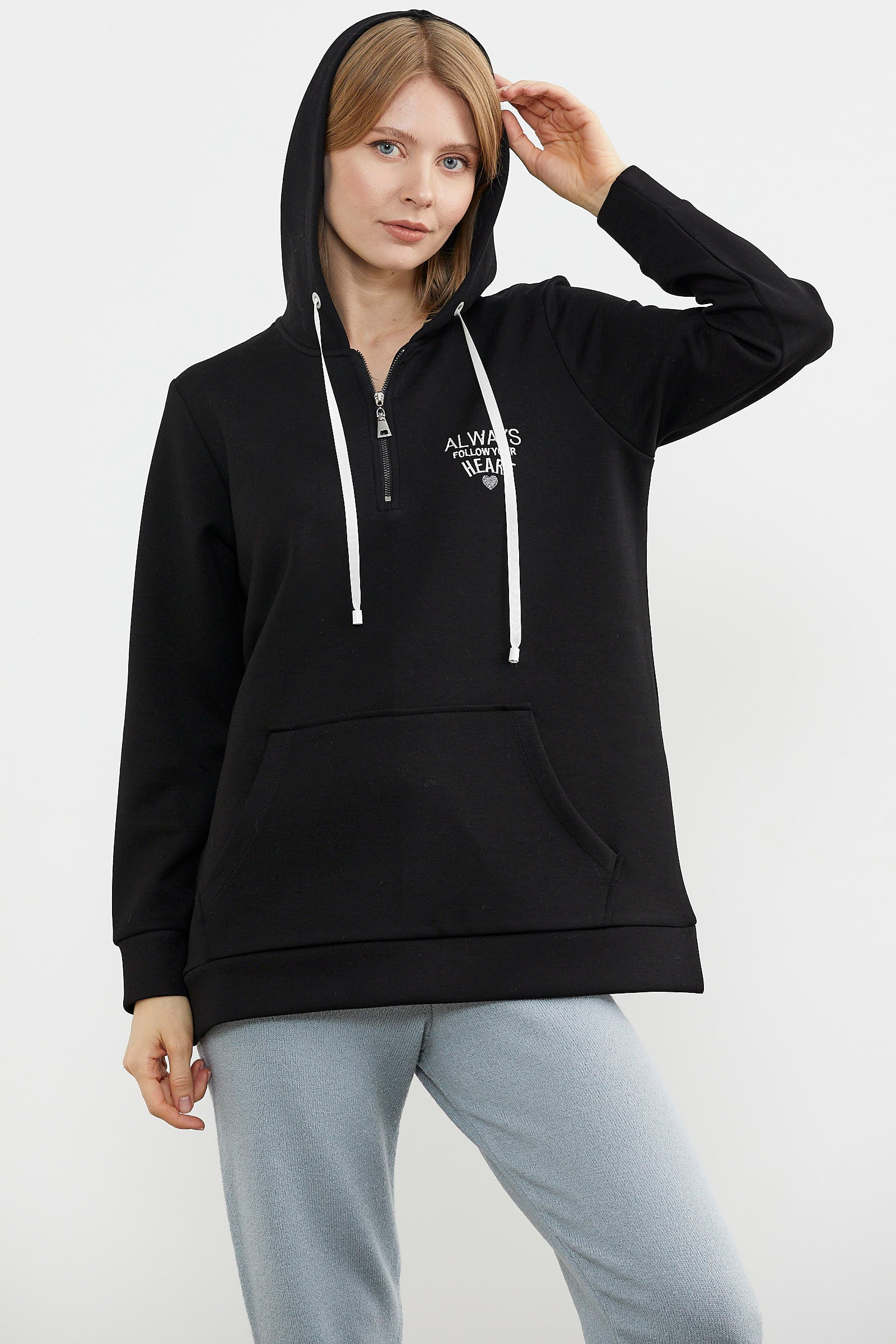 Yarım Fermuarlı Kapüşonlu Sweatshirt - Siyah (6) Sementa