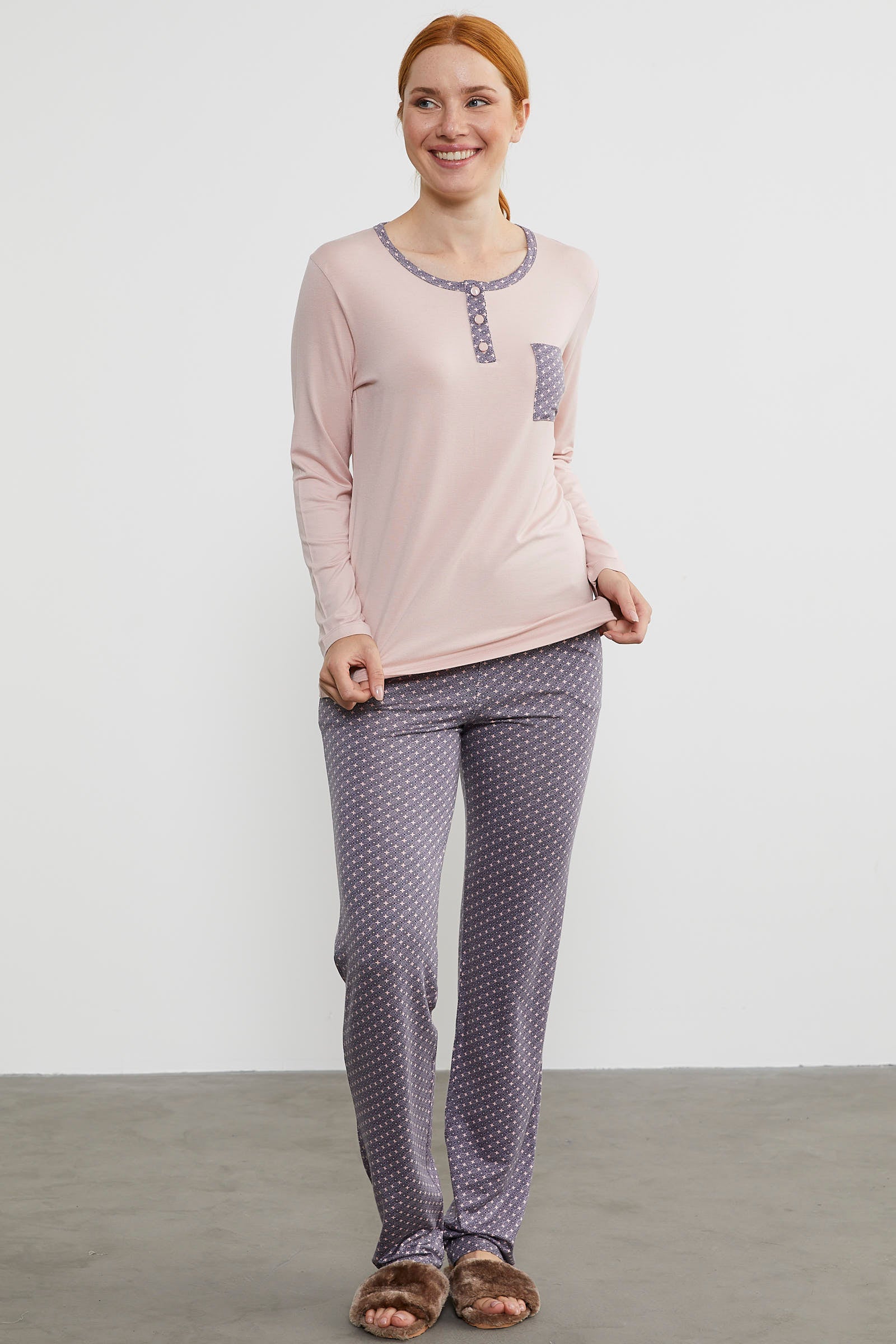 Yıldız Desen Kombinli Pijama Takım - Pudra (1) Sementa