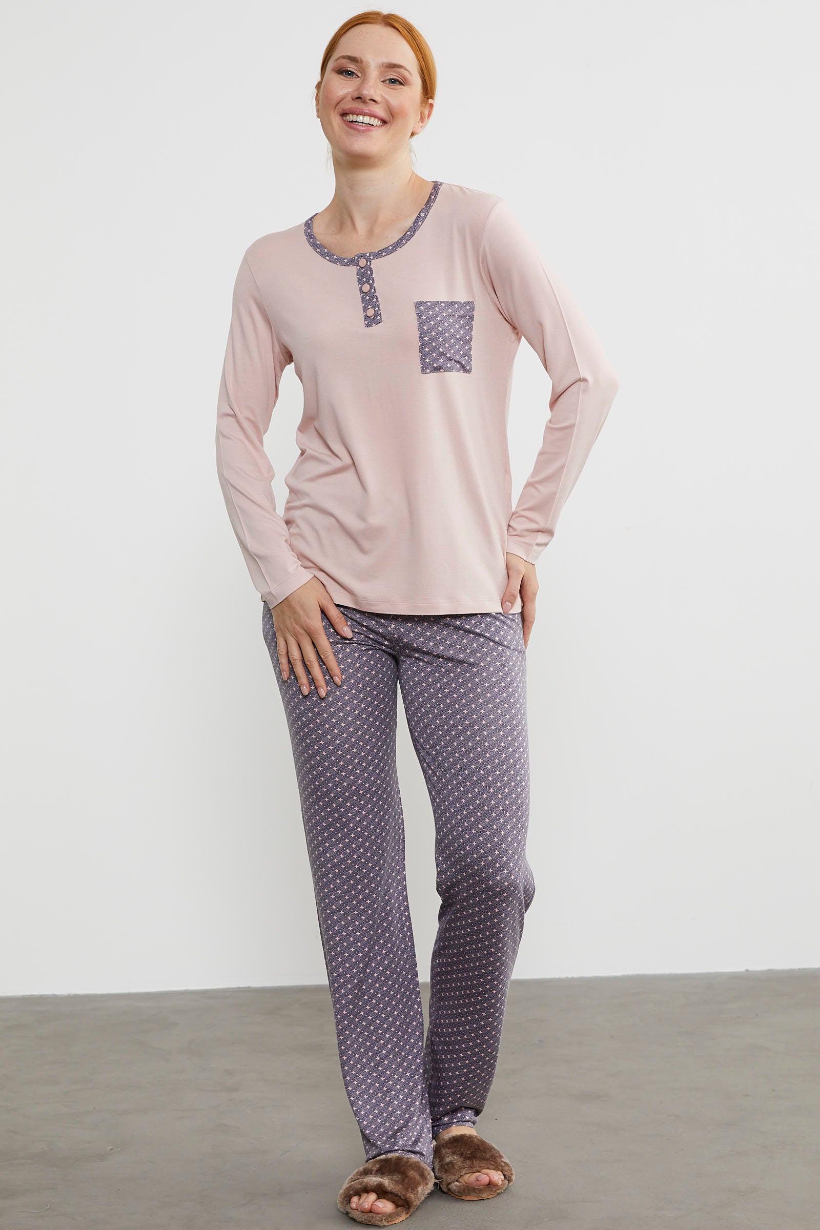 Yıldız Desen Kombinli Pijama Takım - Pudra (4) Sementa