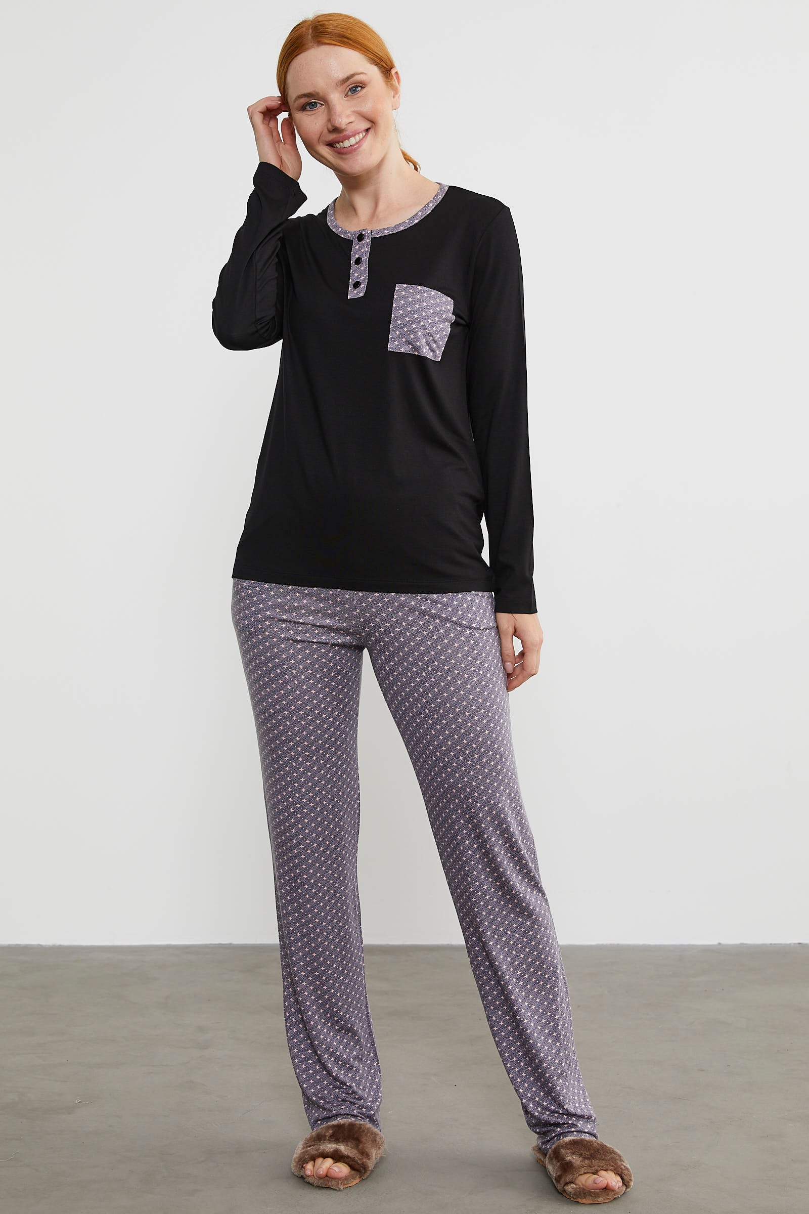 Yıldız Desen Kombinli Pijama Takım - Siyah (3) Sementa