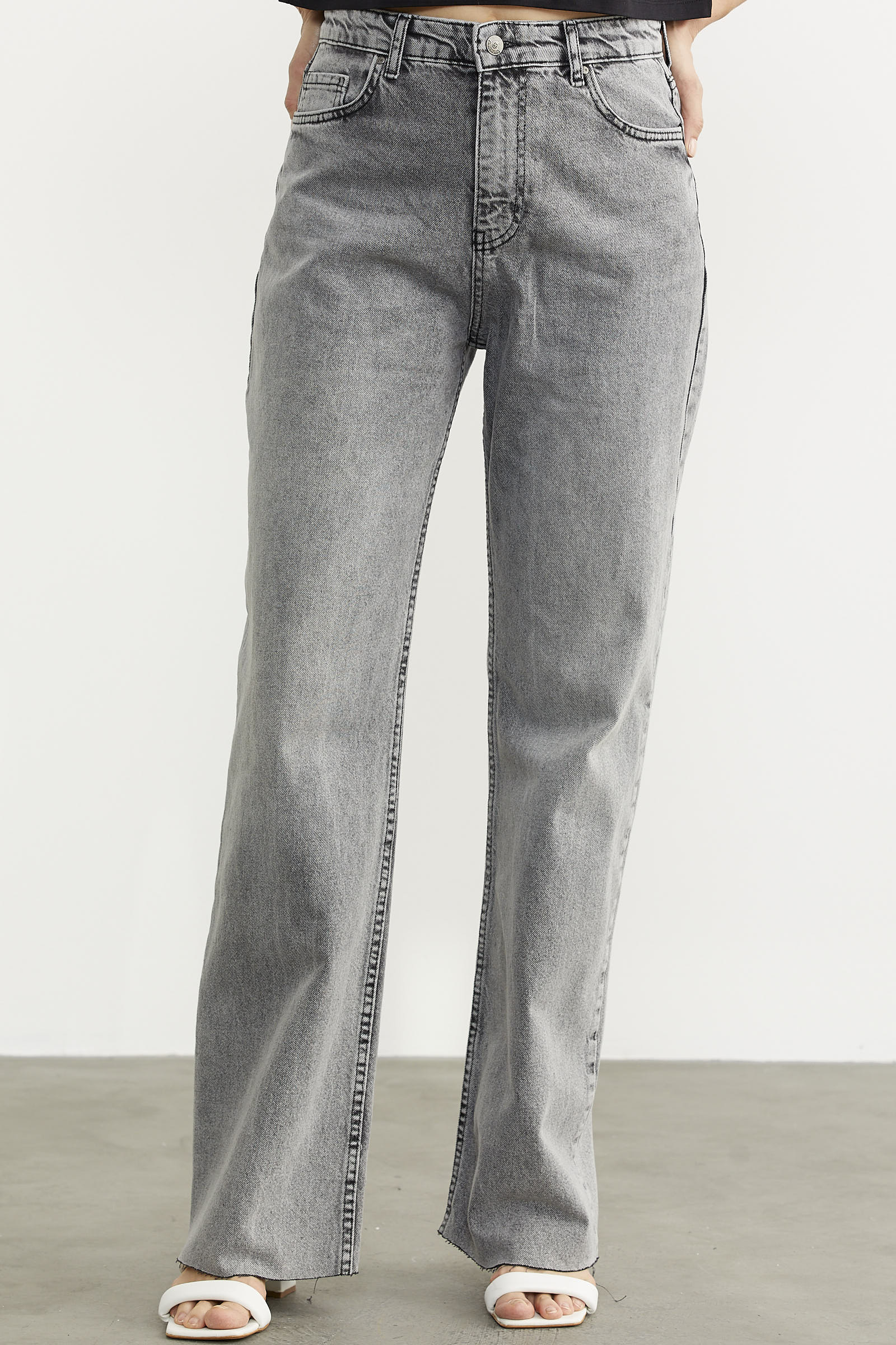 Yüksek Bel Geniş Paça Jean Pantolon - Açık Gri (2) Sementa