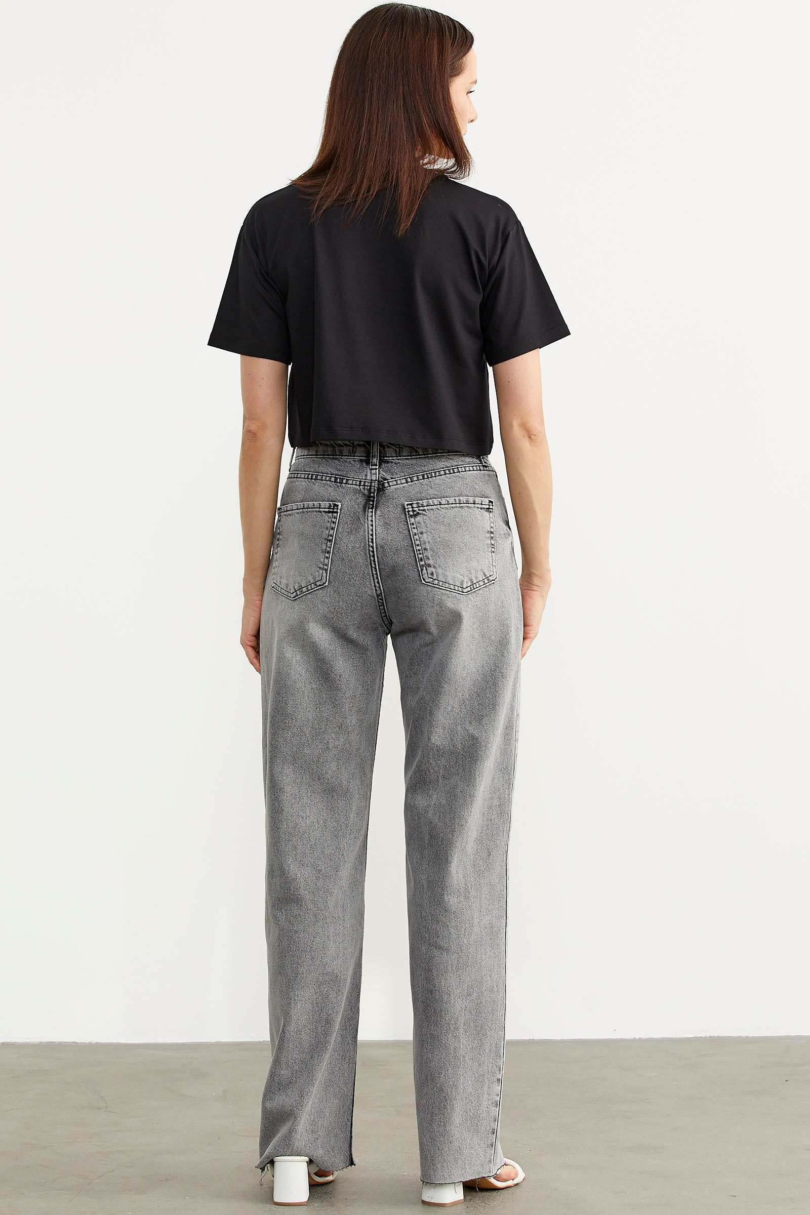 Yüksek Bel Geniş Paça Jean Pantolon - Açık Gri (5) Sementa