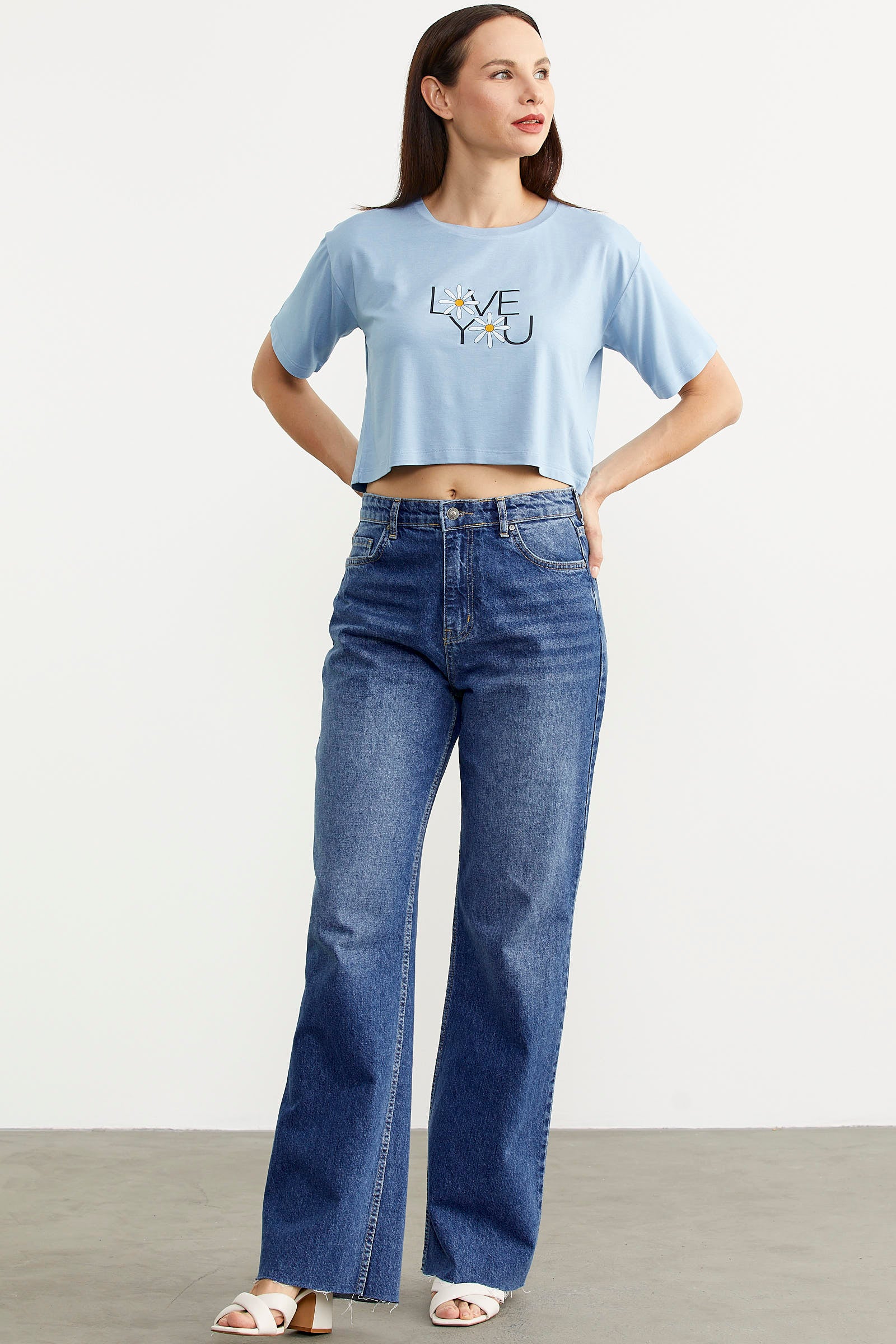 Yüksek Bel Geniş Paça Jean Pantolon - Mavi (3) Sementa