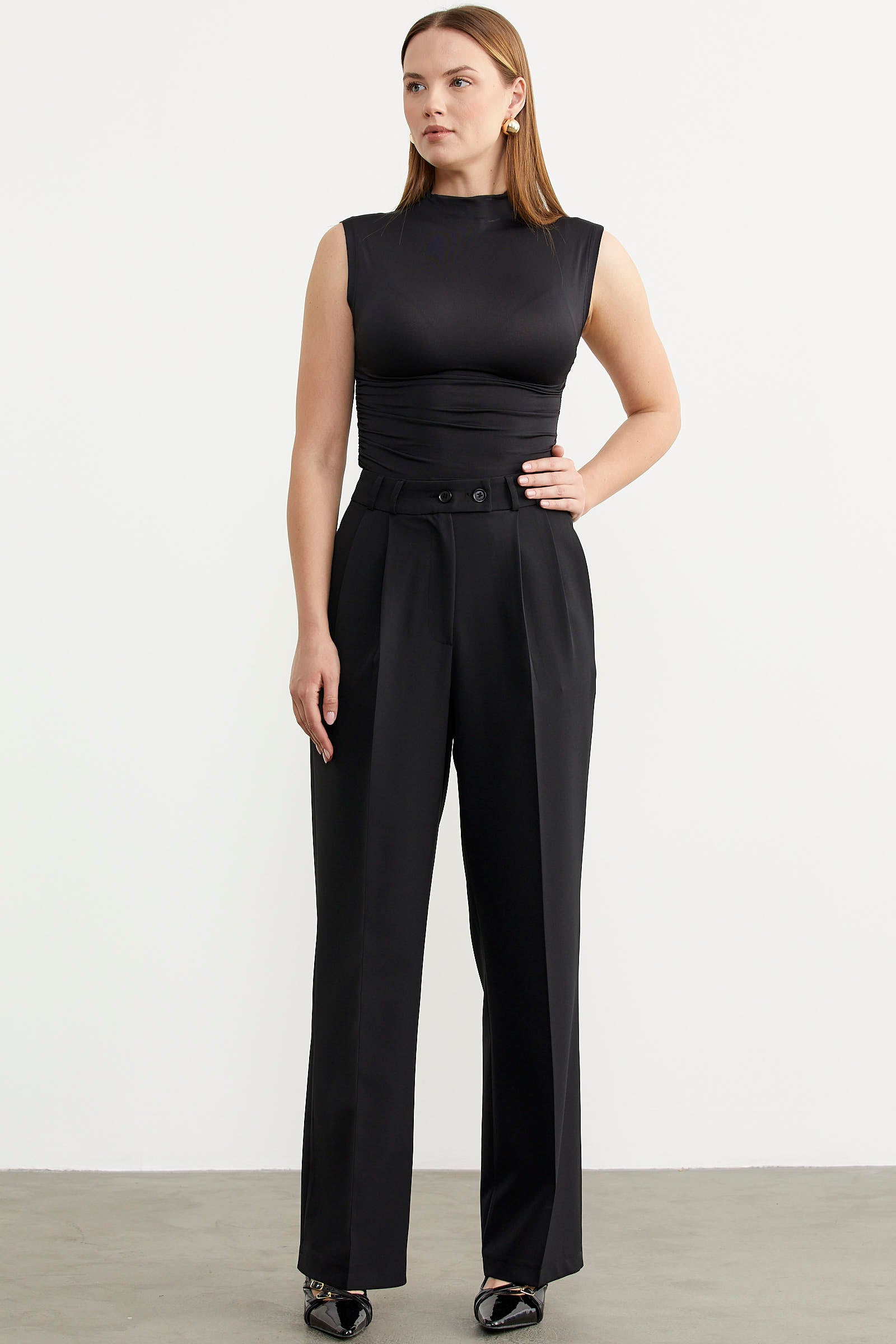 Yüksek Bel Pileli Palazzo Pantolon - Siyah (3) Sementa