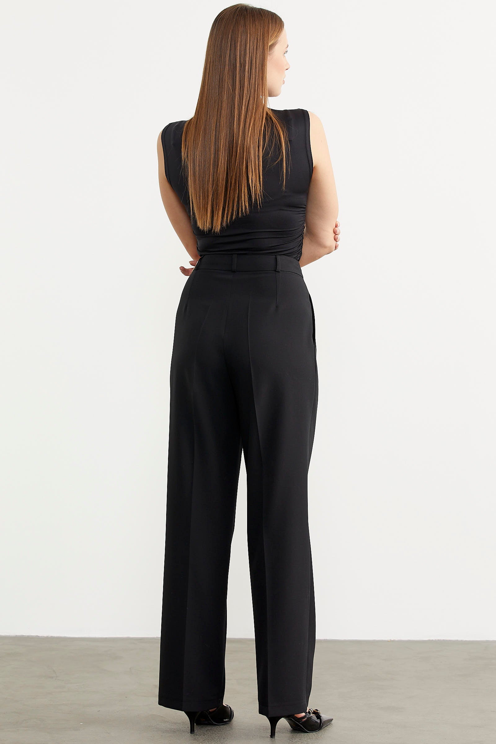 Yüksek Bel Pileli Palazzo Pantolon - Siyah (5) Sementa