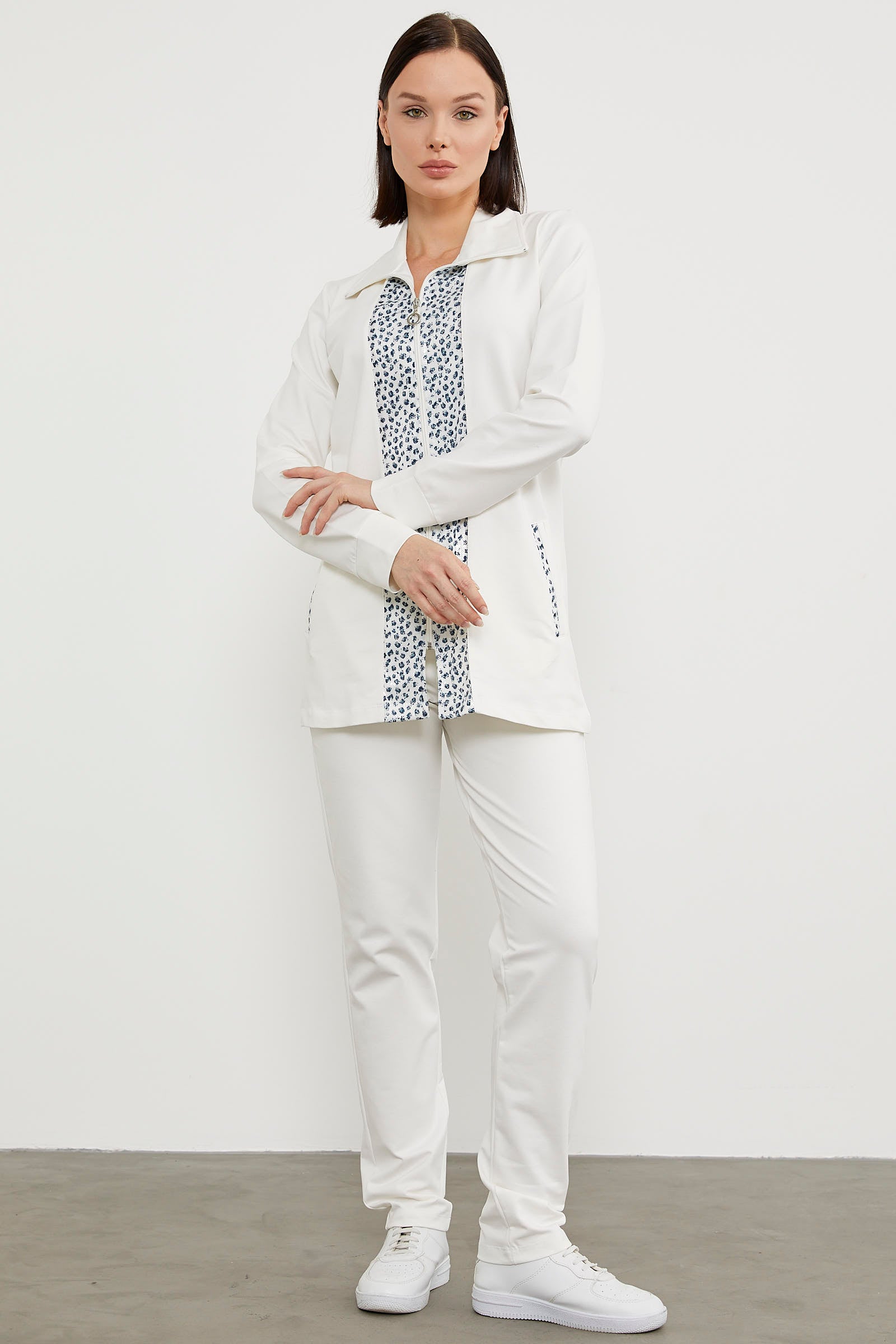 Yüksek Yaka Kumaş Garnili Eşofman Takım - Ekru (4) Sementa