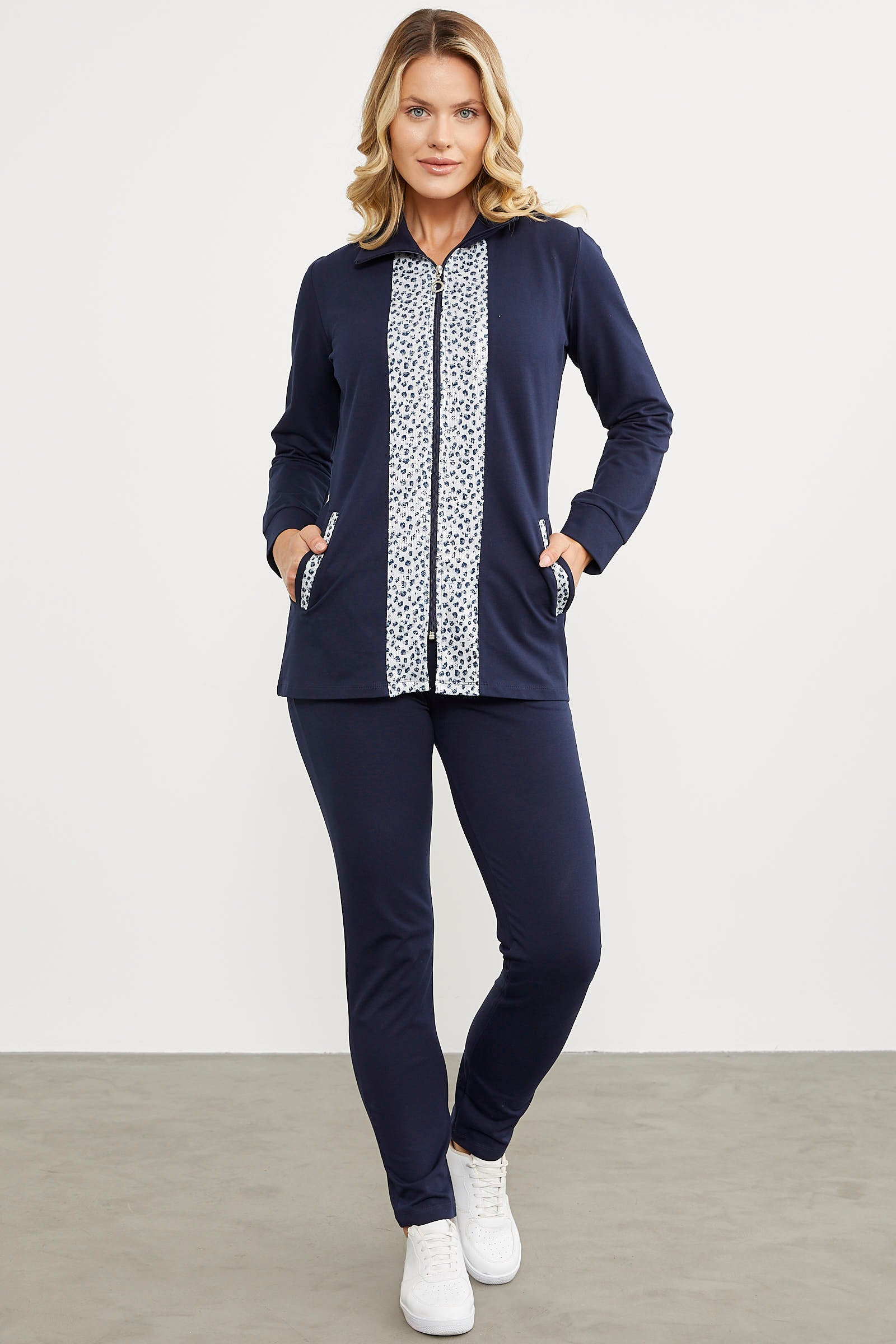 Yüksek Yaka Kumaş Garnili Eşofman Takım - Lacivert (1) Sementa