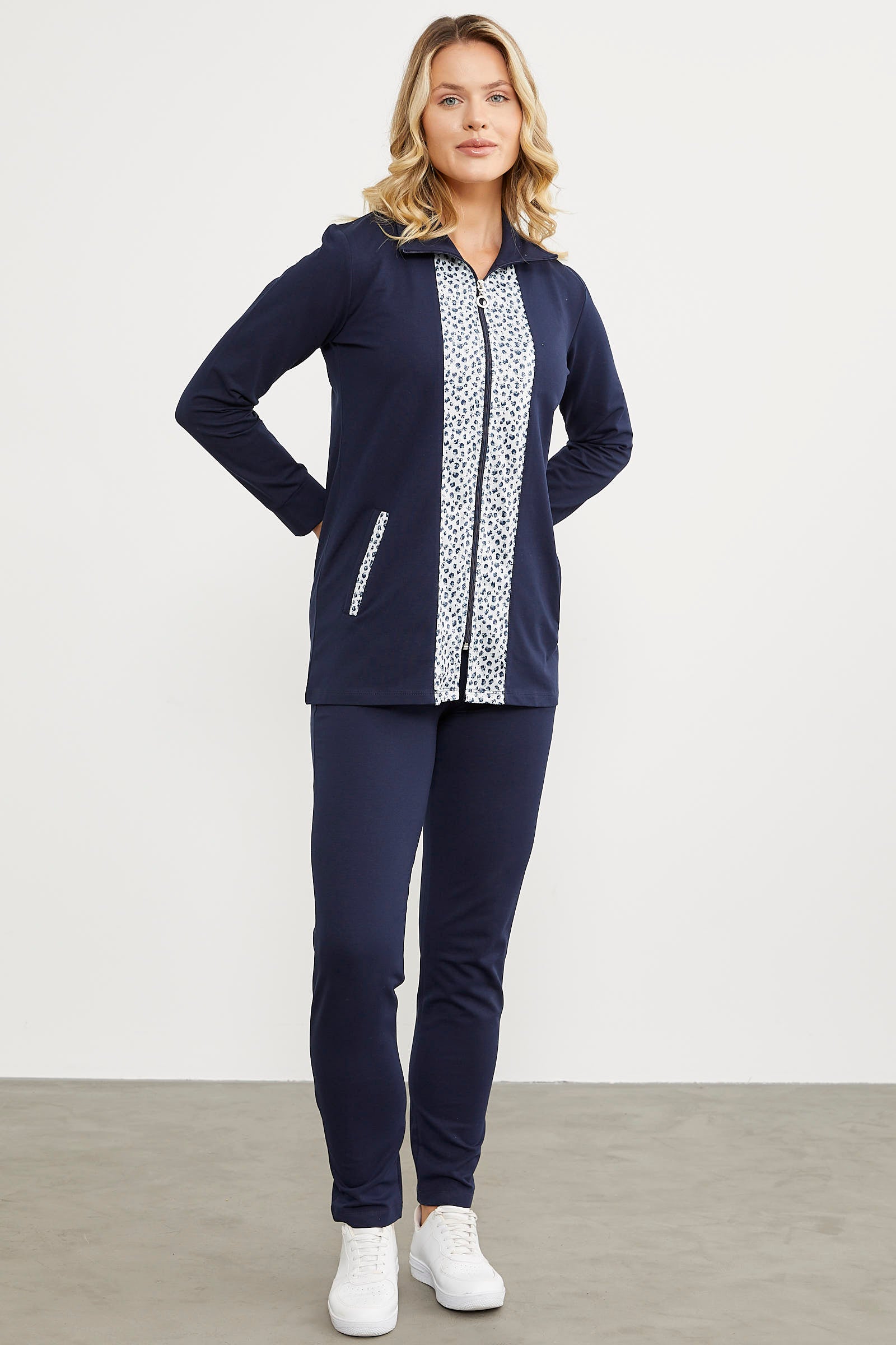 Yüksek Yaka Kumaş Garnili Eşofman Takım - Lacivert (2) Sementa