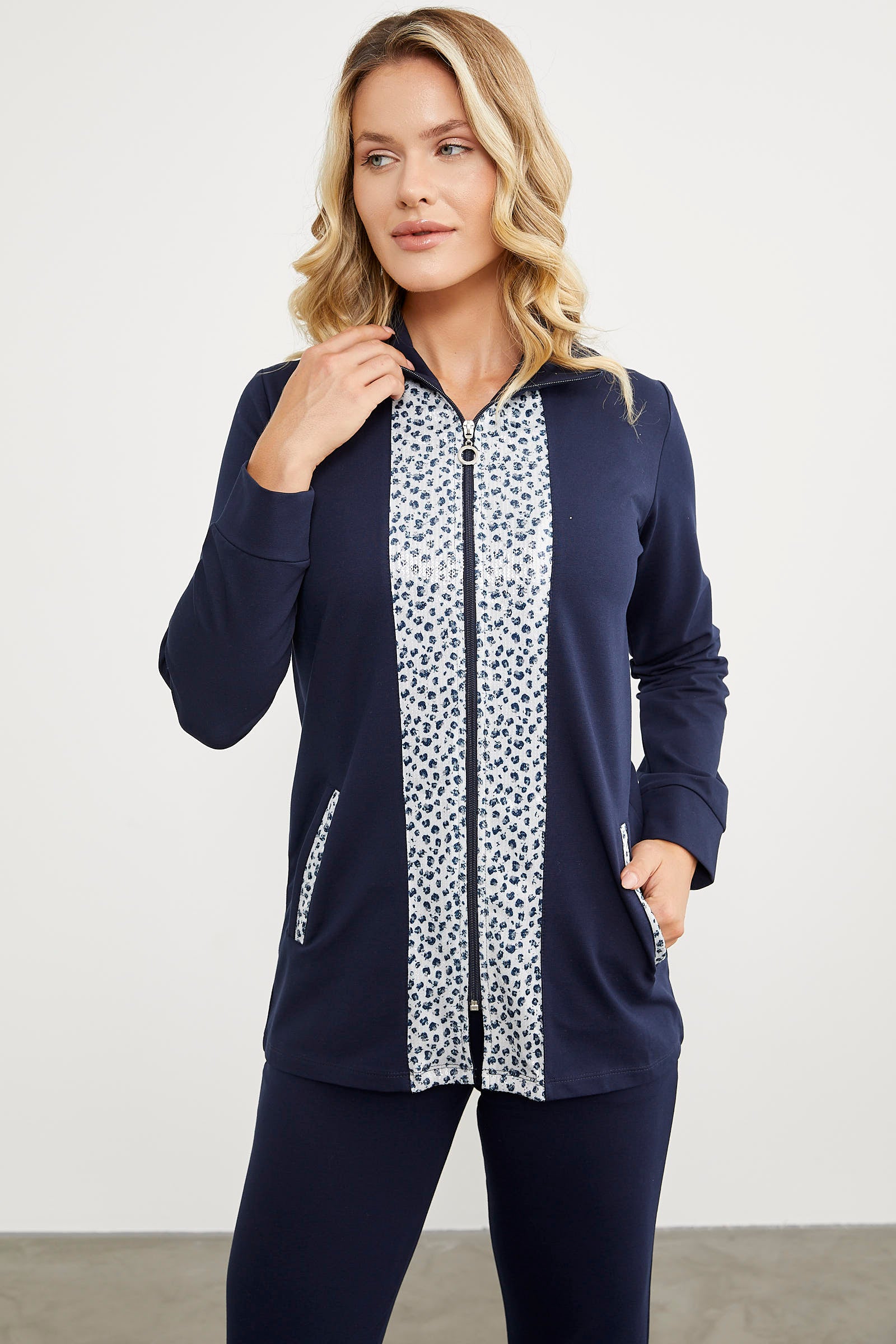 Yüksek Yaka Kumaş Garnili Eşofman Takım - Lacivert (4) Sementa