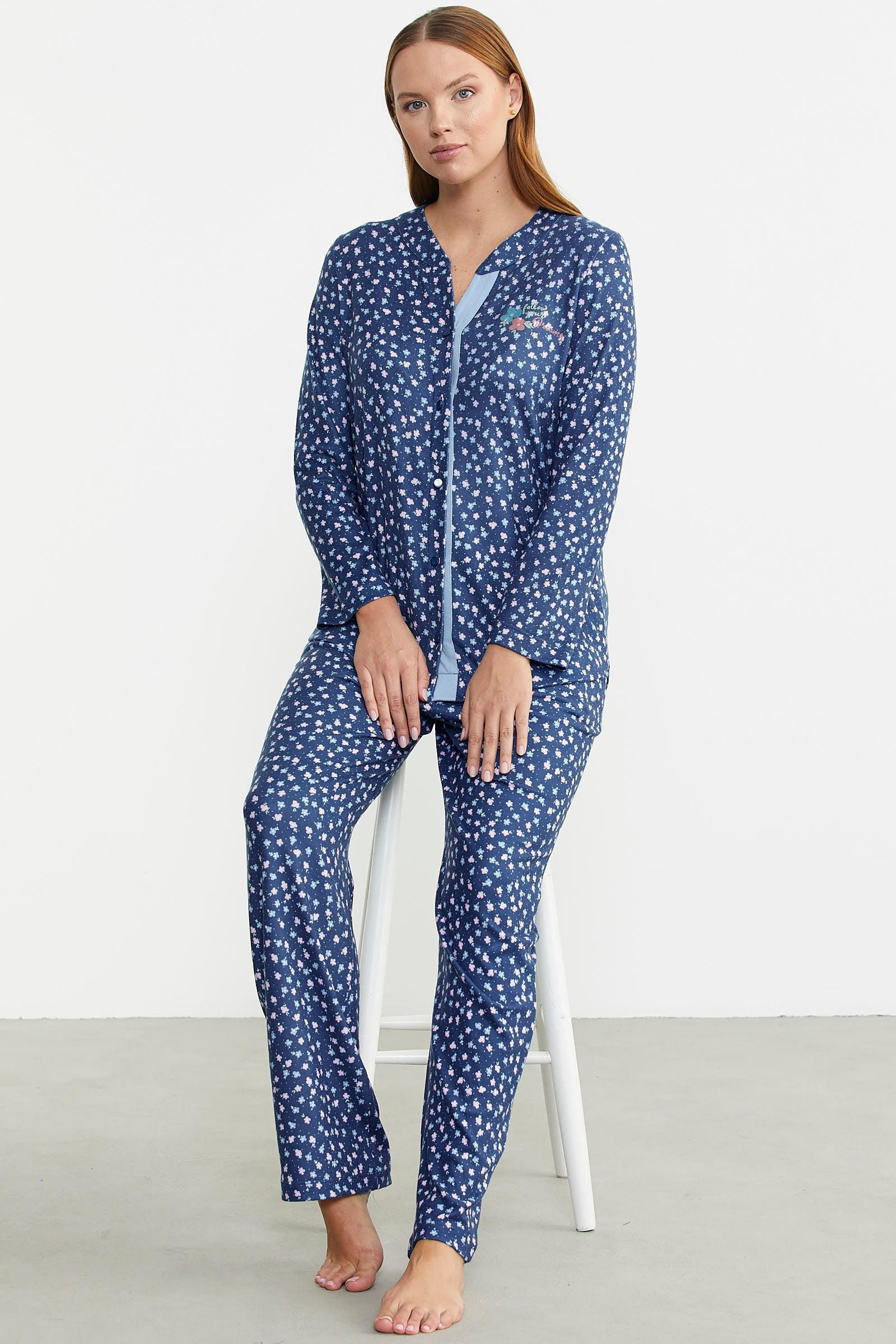 Yumoş Düğmeli Uzun Kol Pijama Takım - Mavi - Sementa