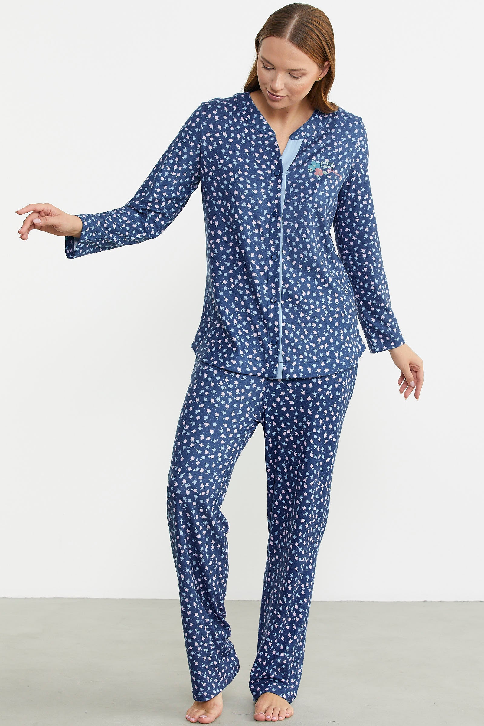 Yumoş Düğmeli Uzun Kol Pijama Takım - Mavi - Sementa