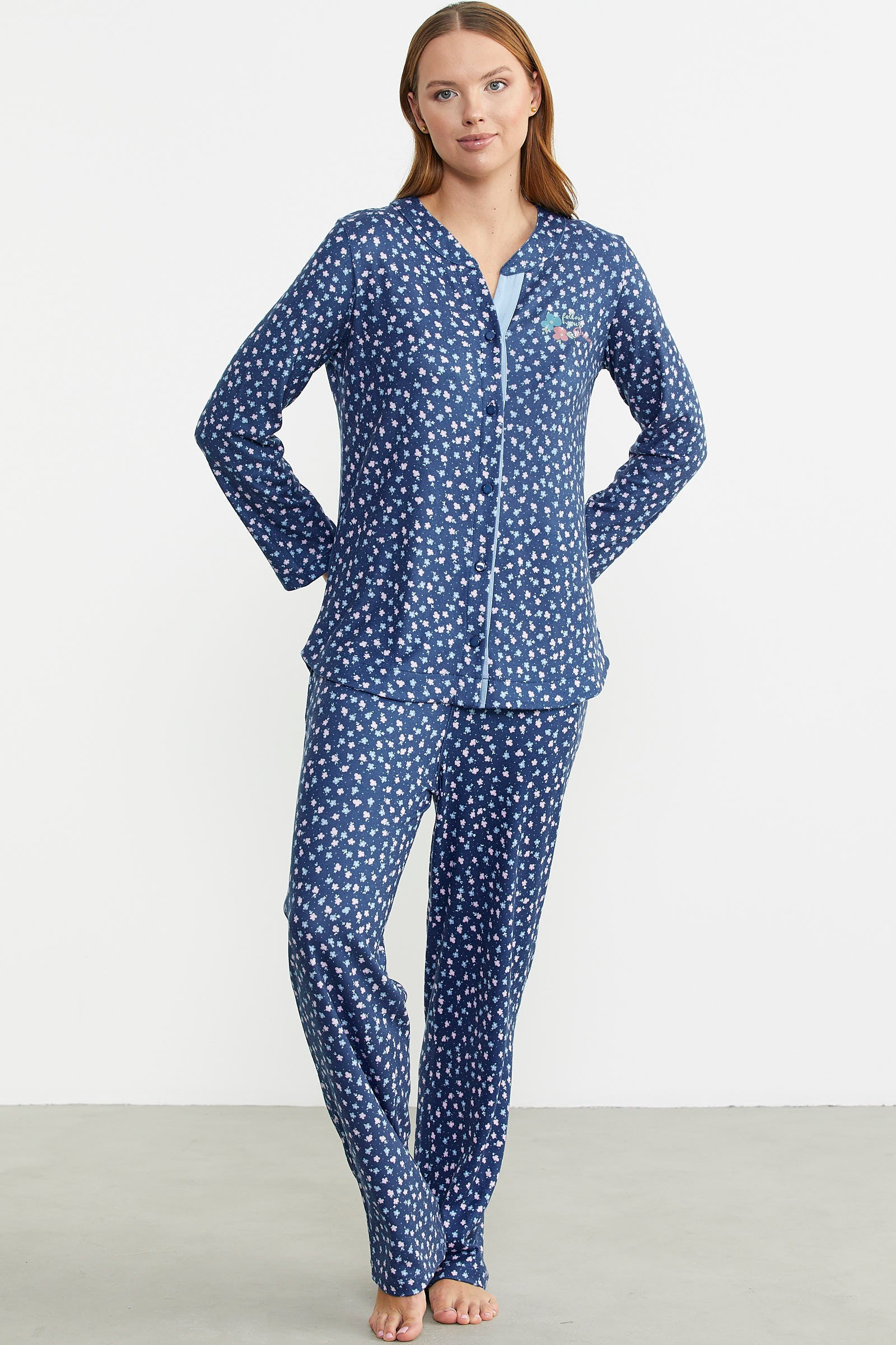 Yumoş Düğmeli Uzun Kol Pijama Takım - Mavi - Sementa