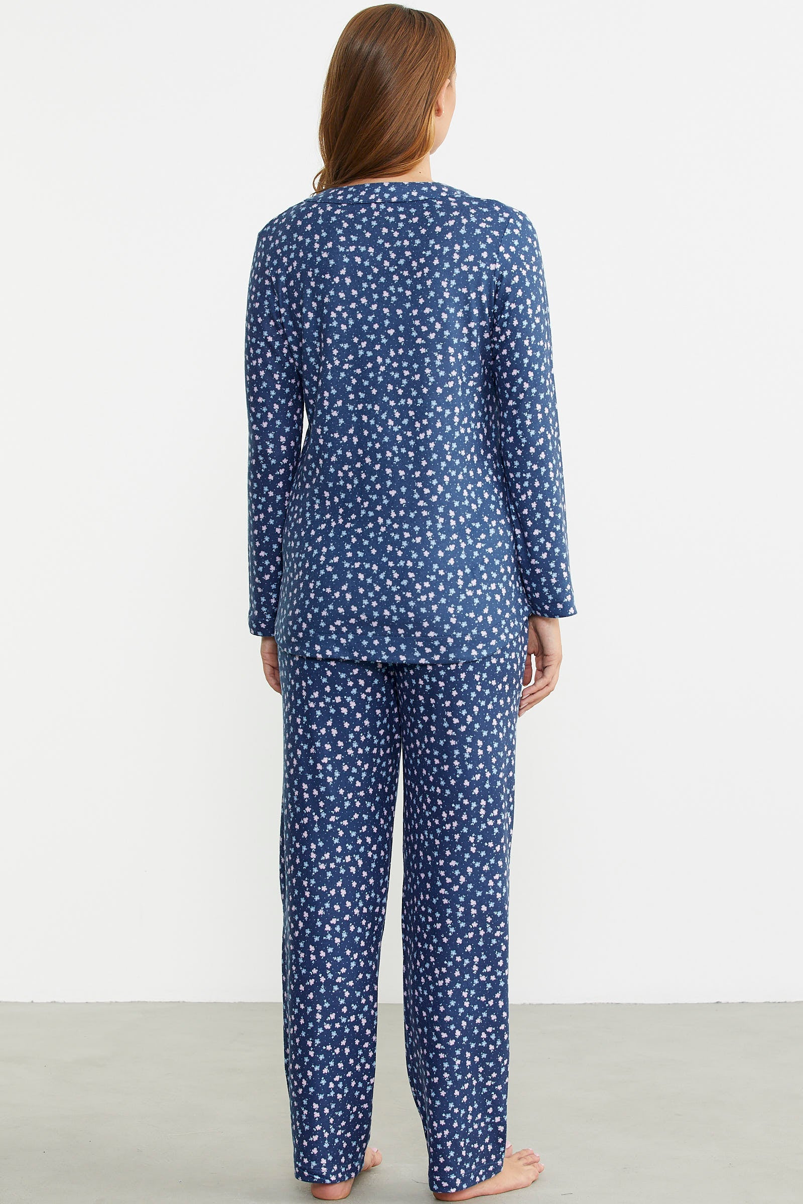 Yumoş Düğmeli Uzun Kol Pijama Takım - Mavi - Sementa