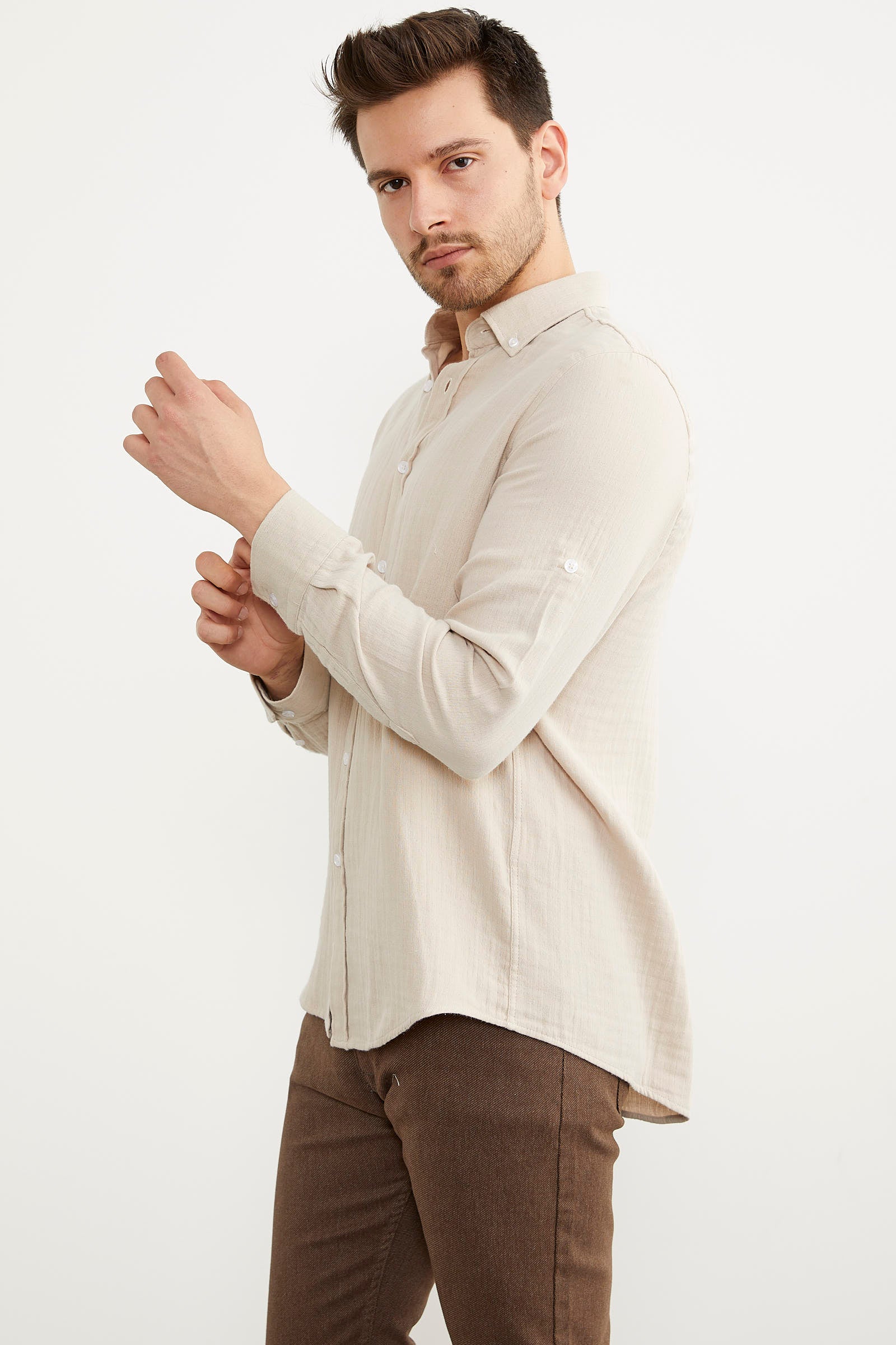 Yumuşak Dokulu Uzun Kol Gömlek - Krem (2) Sementa