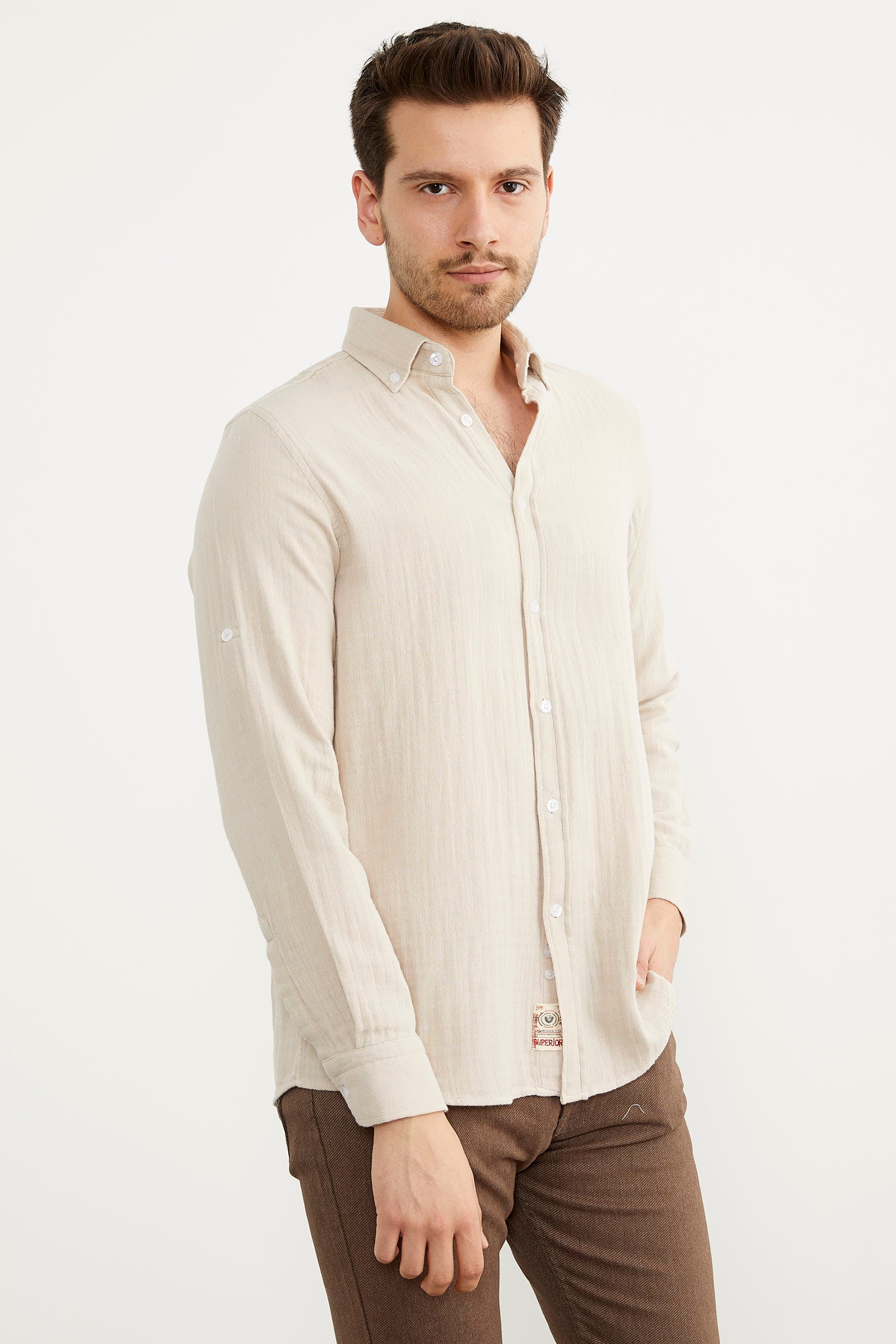 Yumuşak Dokulu Uzun Kol Gömlek - Krem (3) Sementa