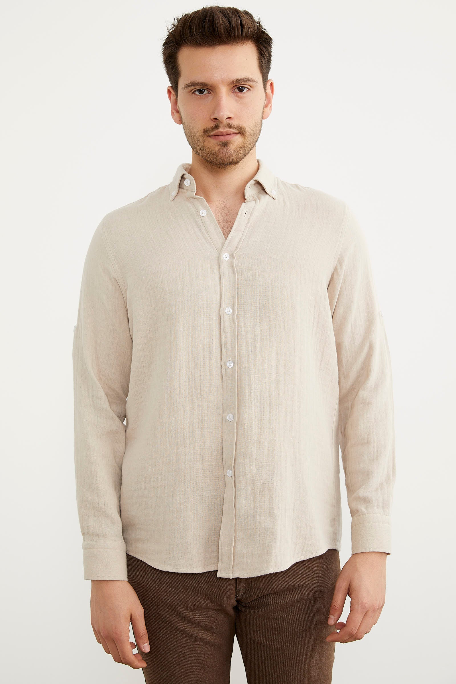 Yumuşak Dokulu Uzun Kol Gömlek - Krem (5) Sementa