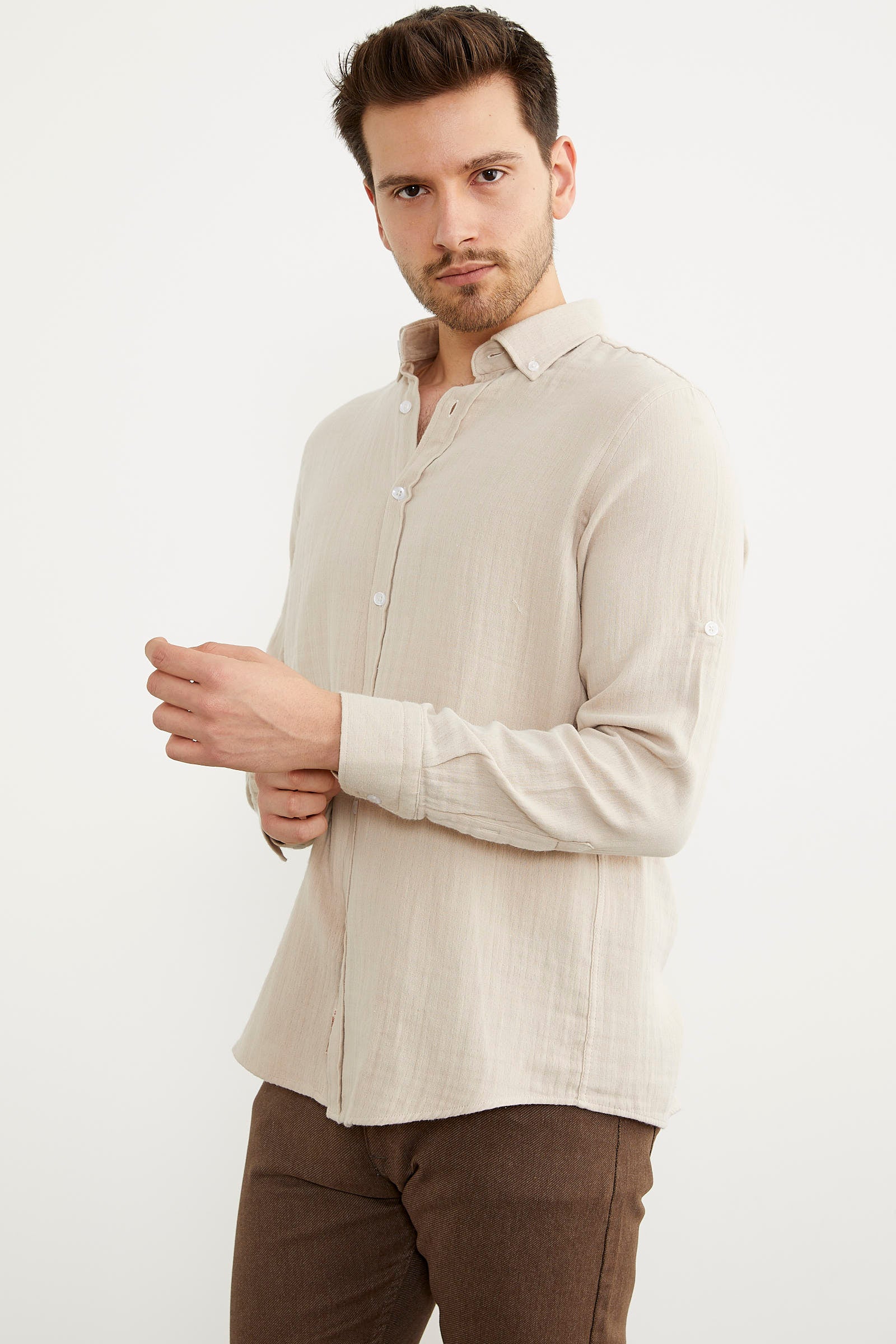 Yumuşak Dokulu Uzun Kol Gömlek - Krem (4) Sementa