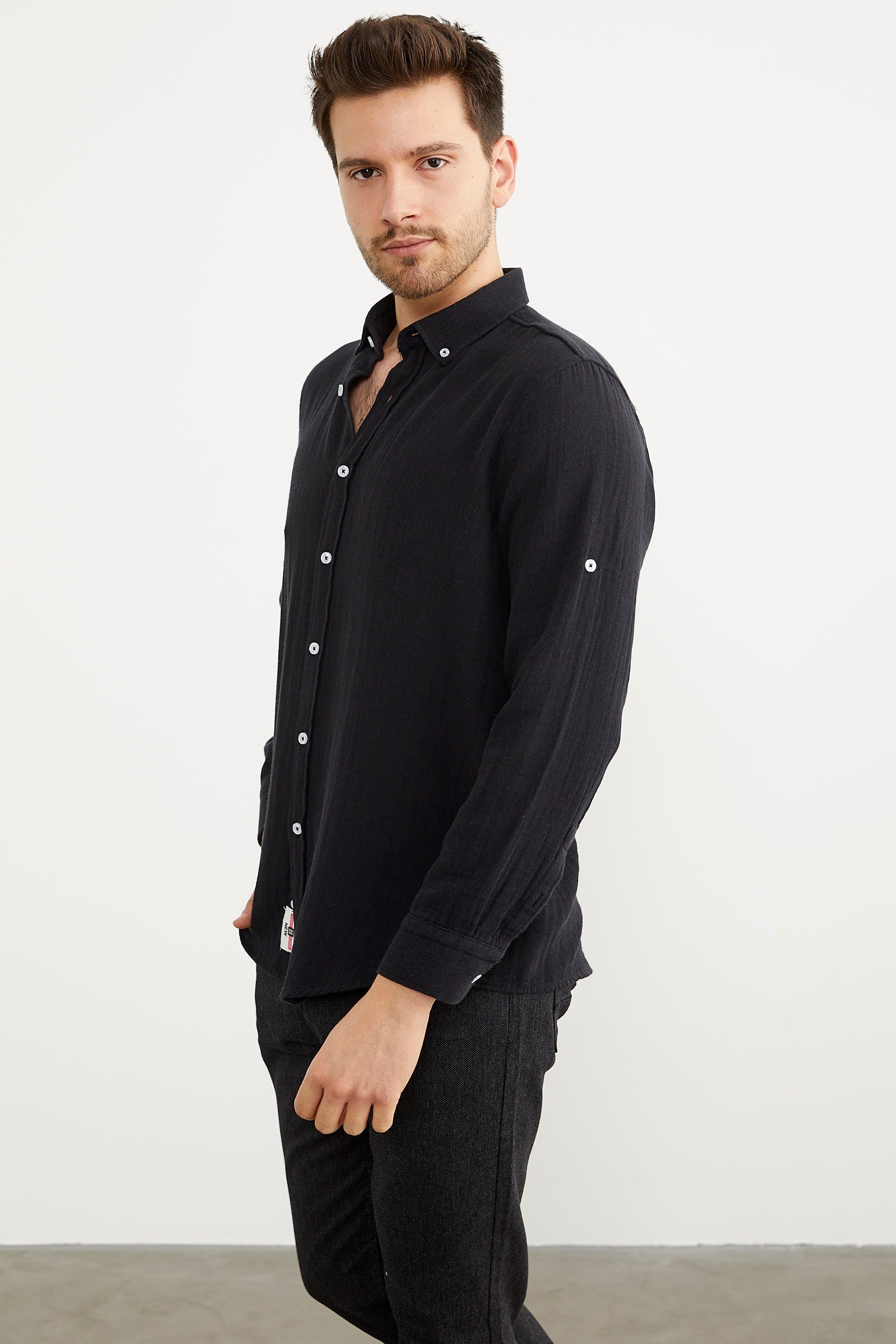 Yumuşak Dokulu Uzun Kol Gömlek - Siyah (4) Sementa