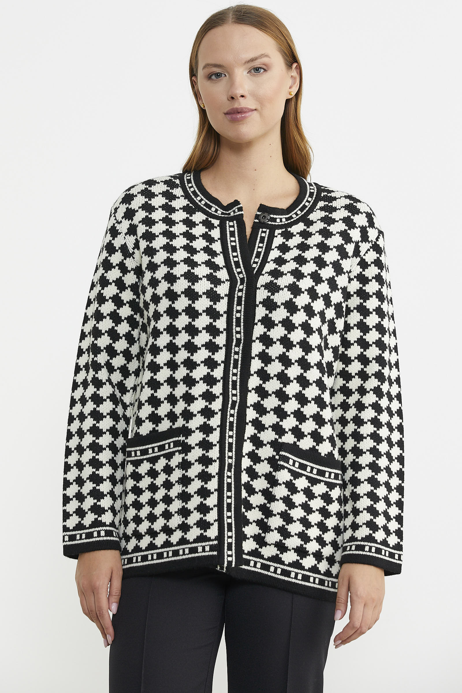 Yünlü Dama Desenli Cepli Triko Ceket - Siyah - Sementa