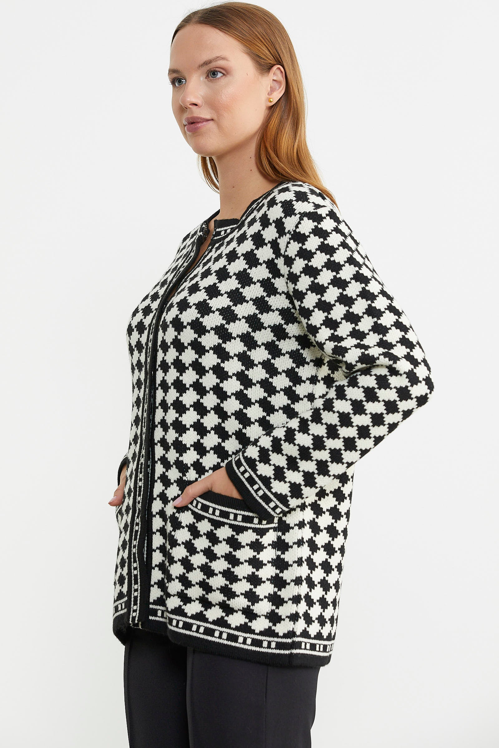 Yünlü Dama Desenli Cepli Triko Ceket - Siyah - Sementa