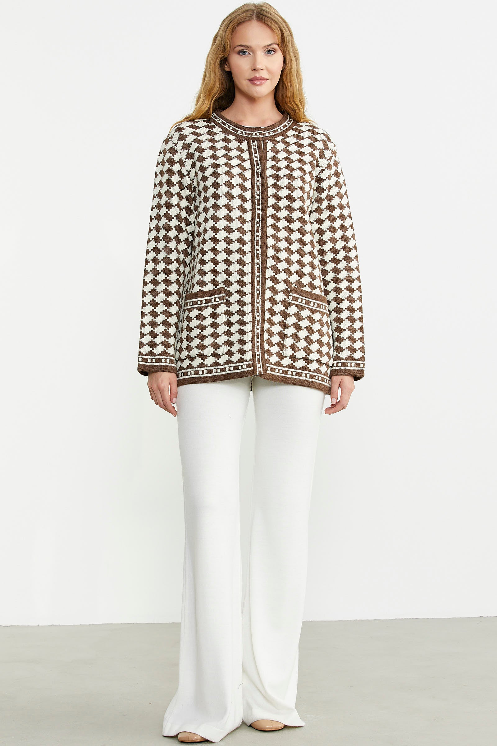 Yünlü Dama Desenli Cepli Triko Ceket - Sütlü Kahve - Sementa