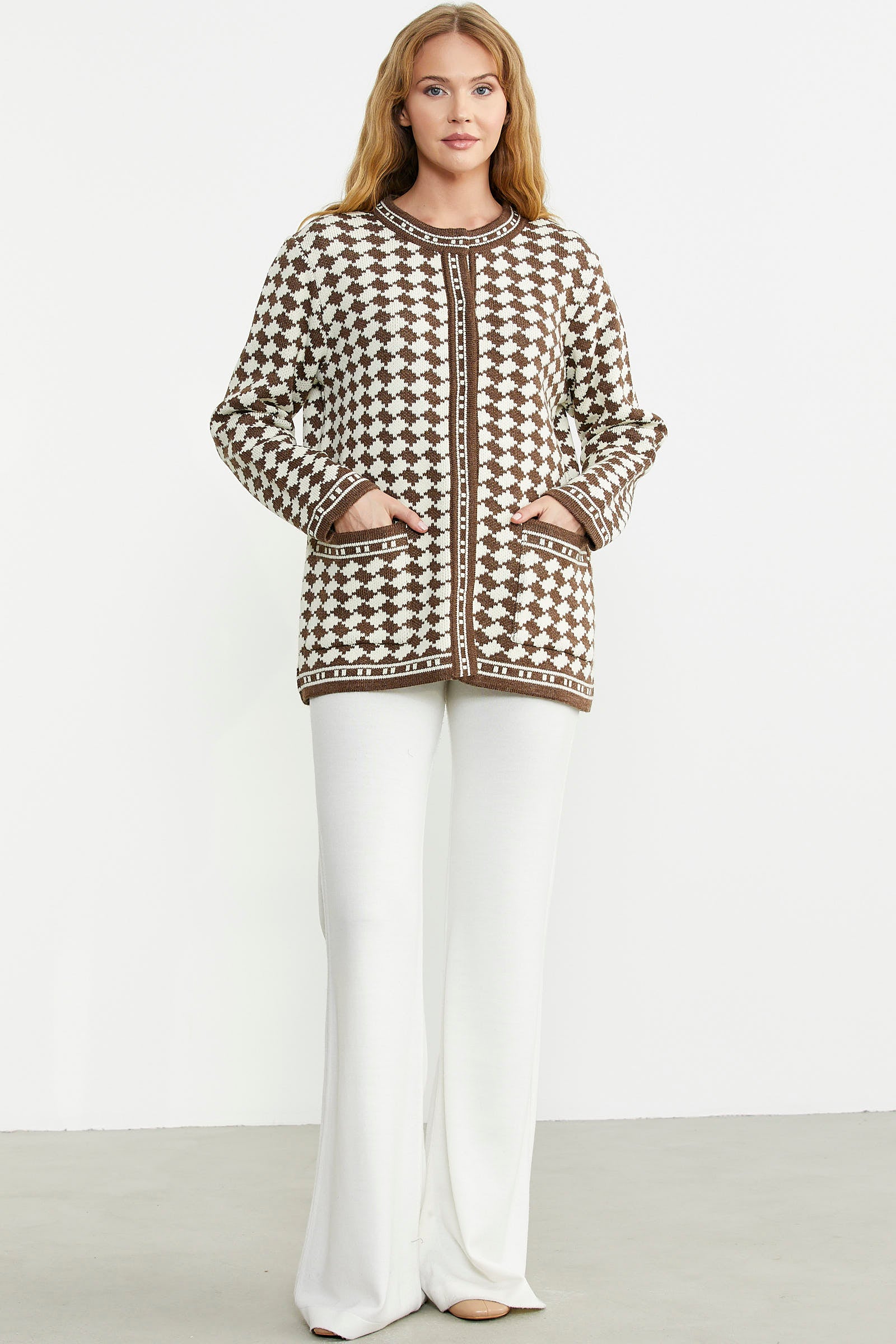 Yünlü Dama Desenli Cepli Triko Ceket - Sütlü Kahve - Sementa